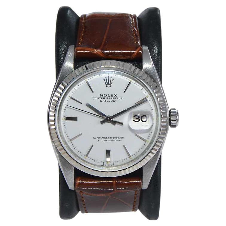 Rolex Steel Datejust with Rare Original White Dial and Hand Made Strap Late 1960 For Sale