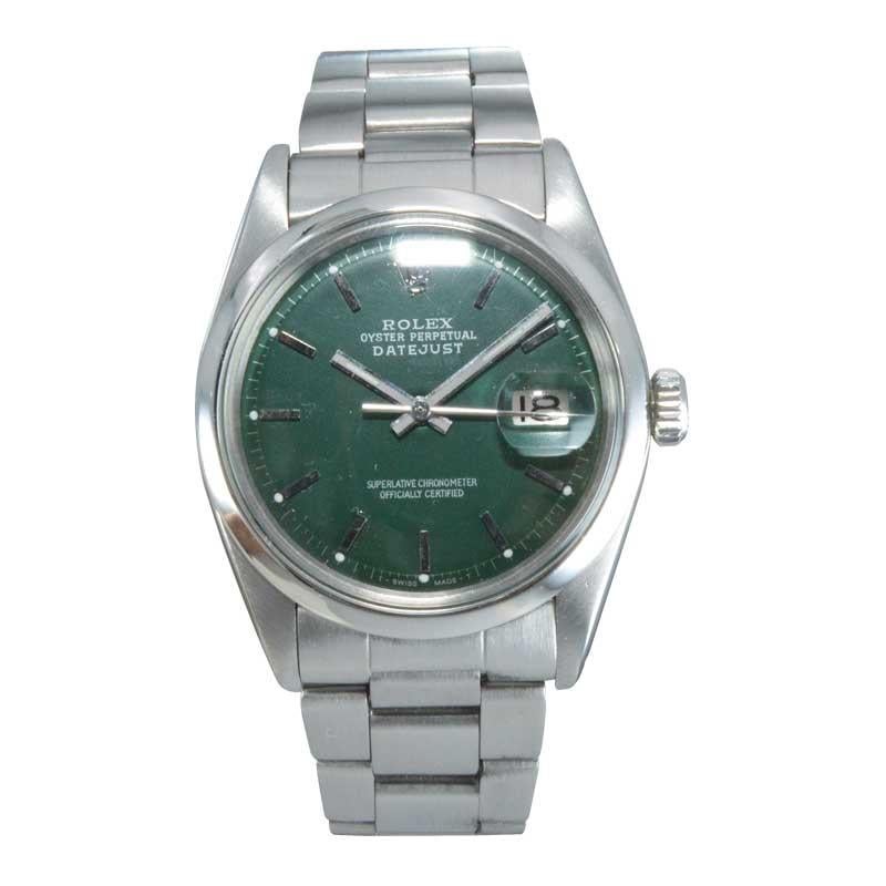 FACTORY / HOUSE: Rolex
STYLE / REFERENCE: Datejust / Ref 1600
METAL / MATERIAL: Stainless Steel
CIRCA / YEAR: 1974 / 75
DIMENSIONS / SIZE: 44mm x 35mm
MOVEMENT / CALIBER: Perpetual Winding / 26 Jewels / Cal. 1570
DIAL / HANDS: Custom Green Dial/