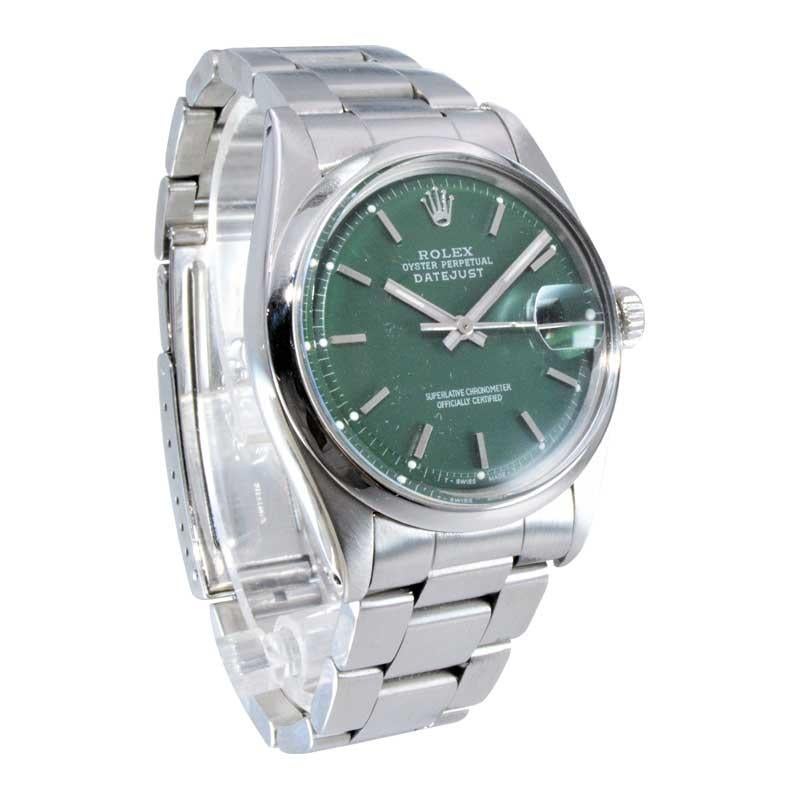 da uomo o donna Rolex Datejust in acciaio con rara lunetta lucida e quadrante verde personalizzato della metà degli anni '70 in vendita