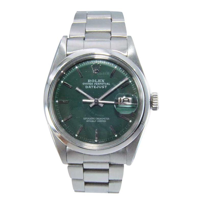 Rolex Steel Datejust with Rare Polished Bezel Custom Green Dial from Mid 1970's