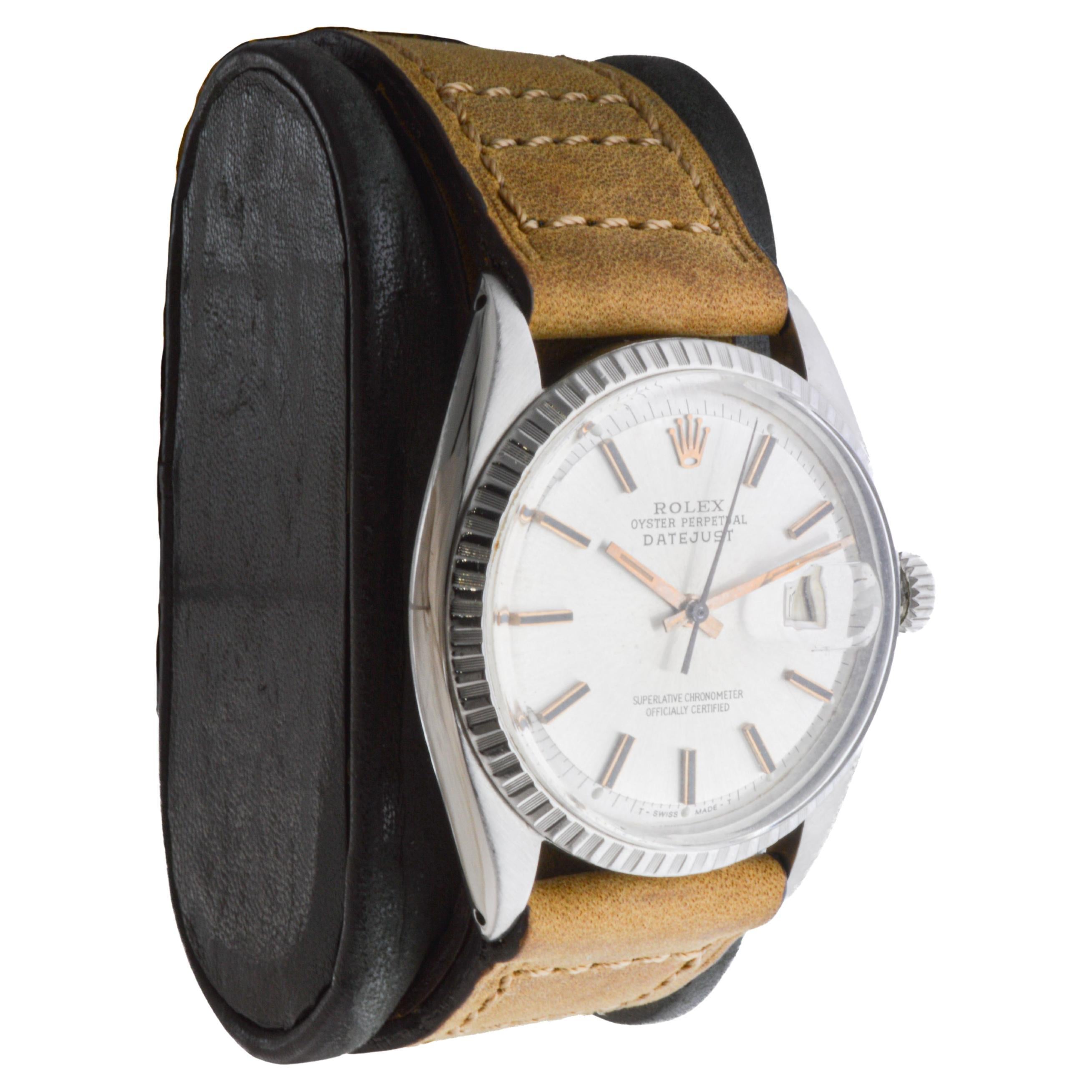 FACTORY / HOUSE: Rolex Watch Company
STYLE / REFERENCE: Datejust / Reference 1603
METAL / MATERIAL: Stainless Steel
CIRCA / YEAR: 1970's
DIMENSIONS / SIZE: Length 44mm X Diameter 36mm
MOVEMENT / CALIBER: Perpetual Winding / 26 Jewels / Caliber