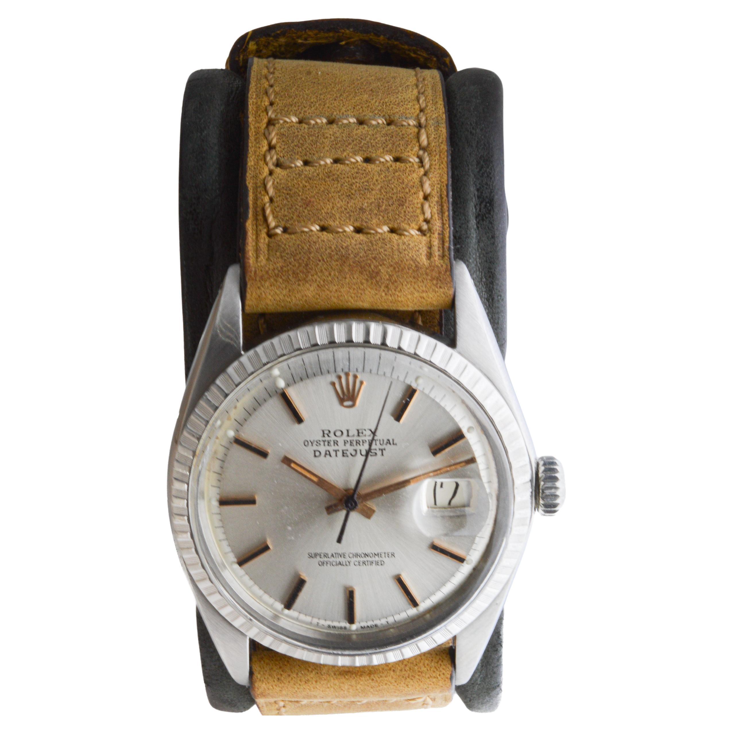 Rolex Steel Datejust with Rare Silvered Dial with Rose Gold Markers and Hands In Excellent Condition In Long Beach, CA