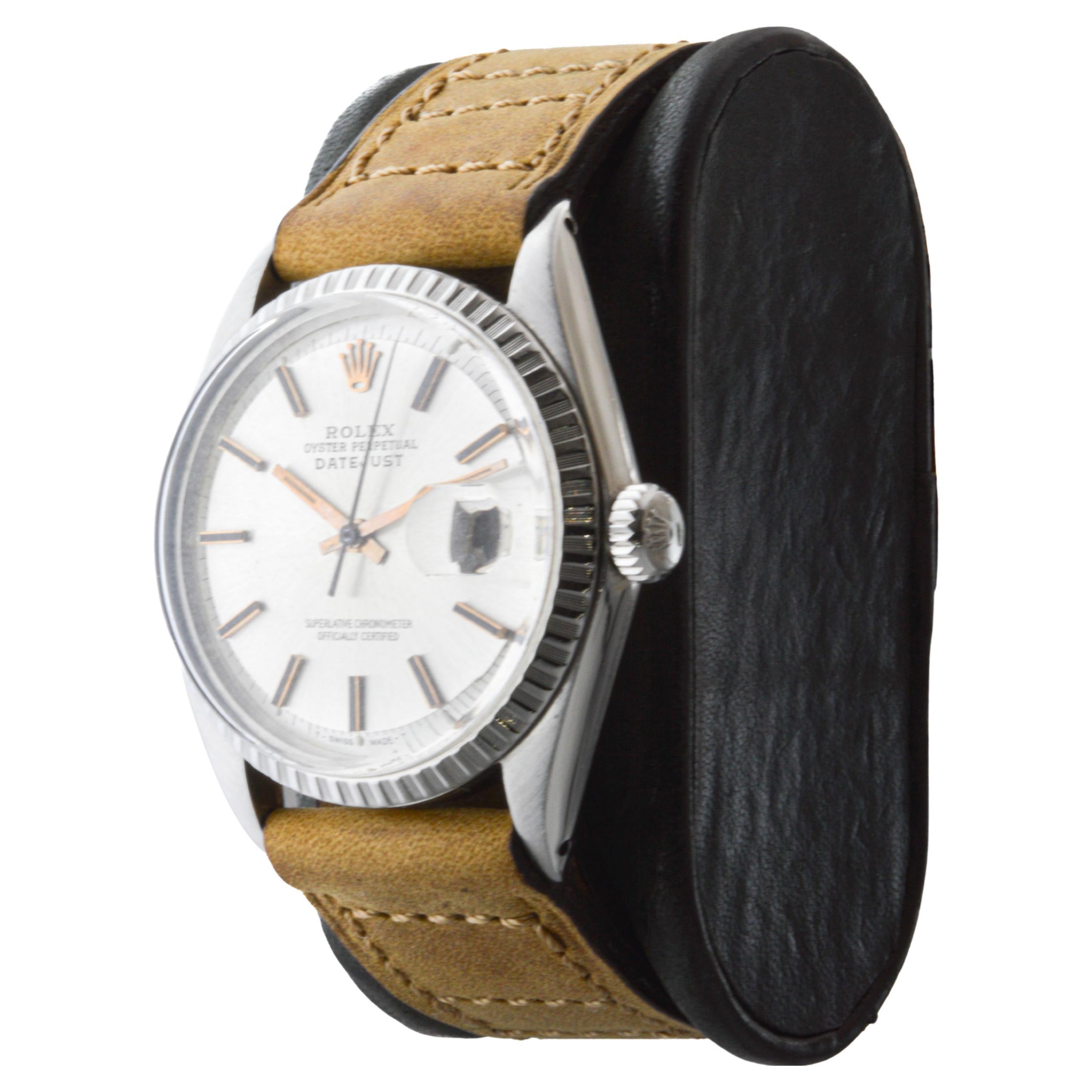 Women's or Men's Rolex Steel Datejust with Rare Silvered Dial with Rose Gold Markers and Hands