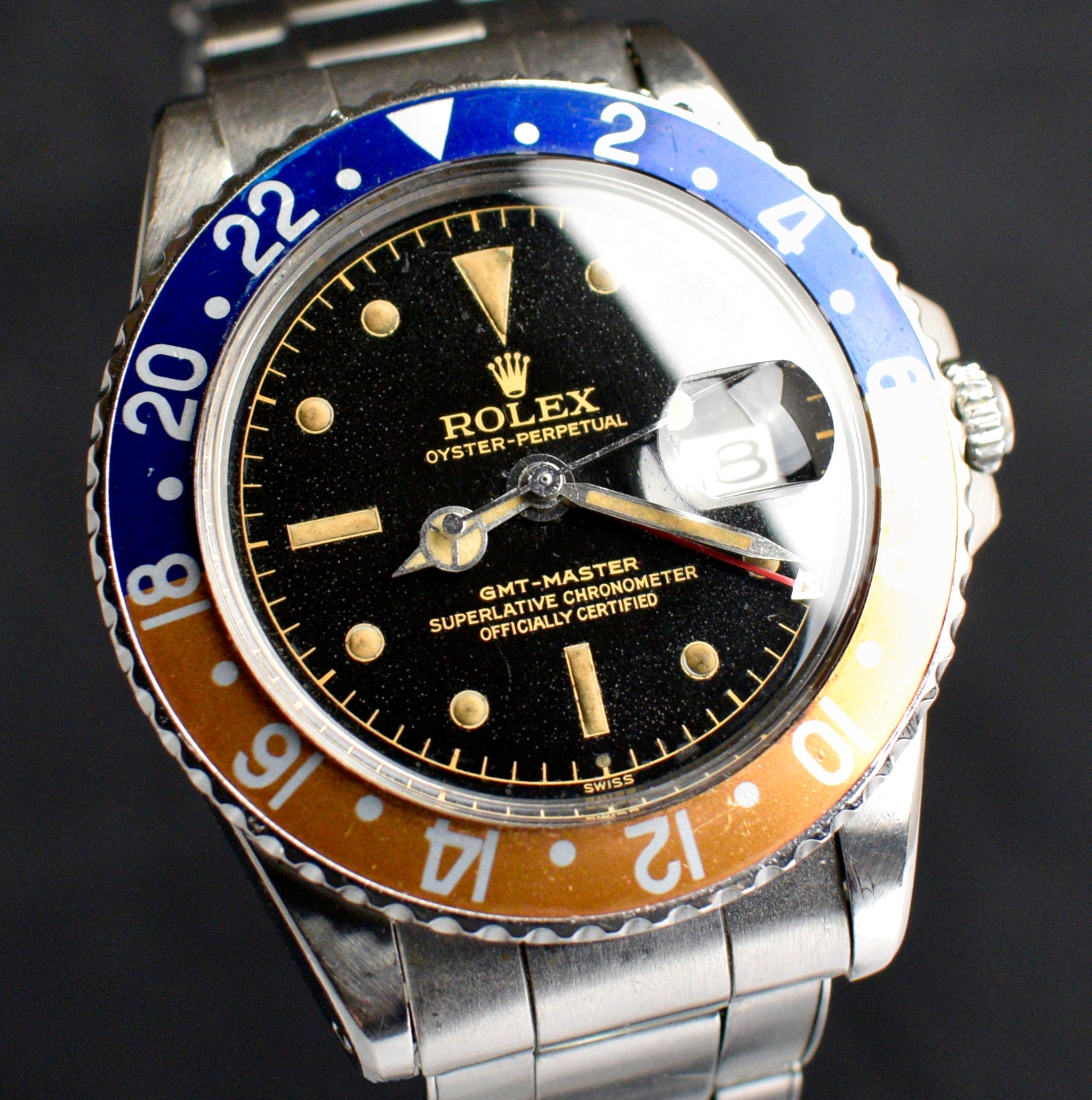Rolex Steel GMT-Master PCG Early Gilt Dial Exclamation Mark Dot 1675 Watch, 1960 In Good Condition In Central & Western District, HK