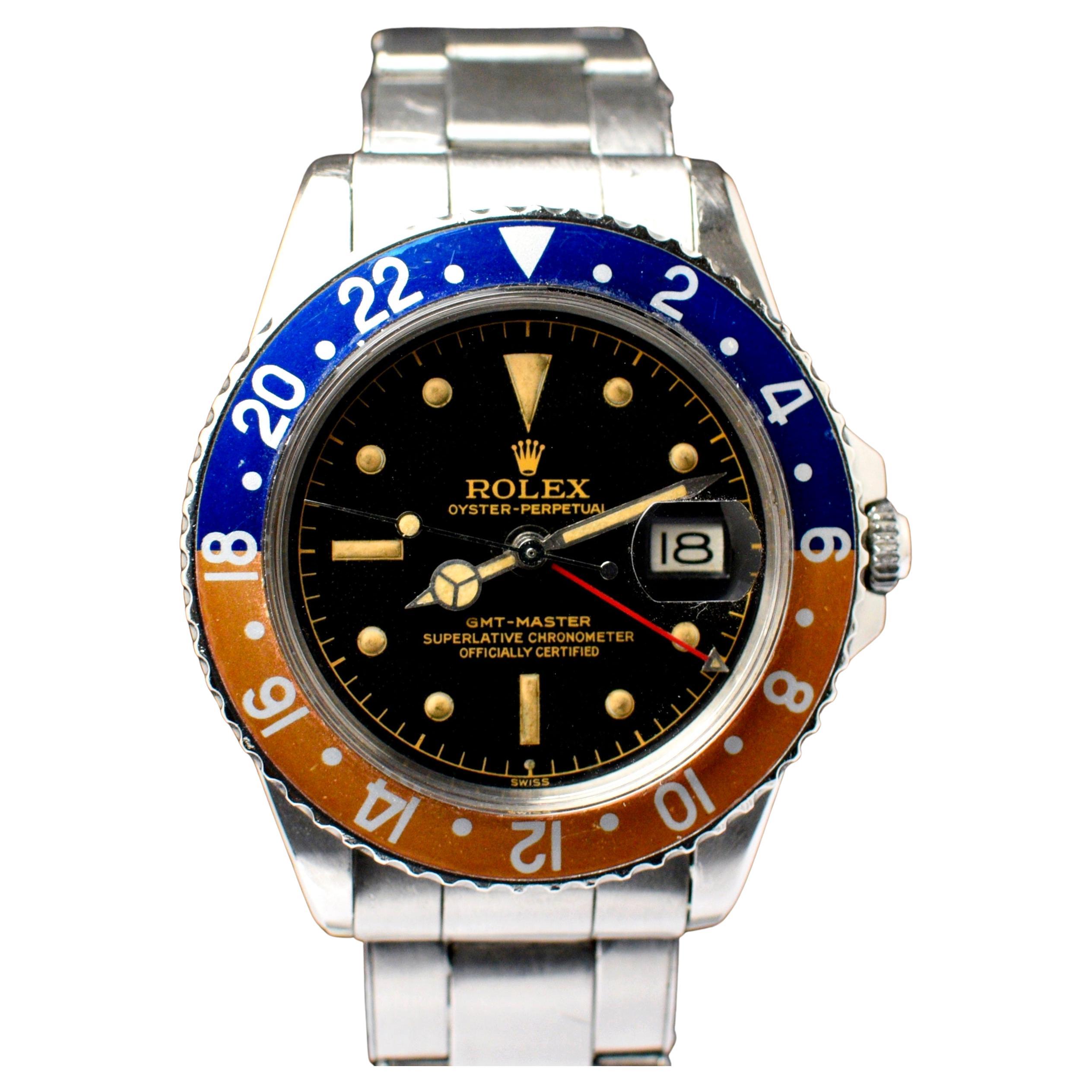 Rolex Steel GMT-Master PCG Early Gilt Dial Exclamation Mark Dot 1675 Watch, 1960
