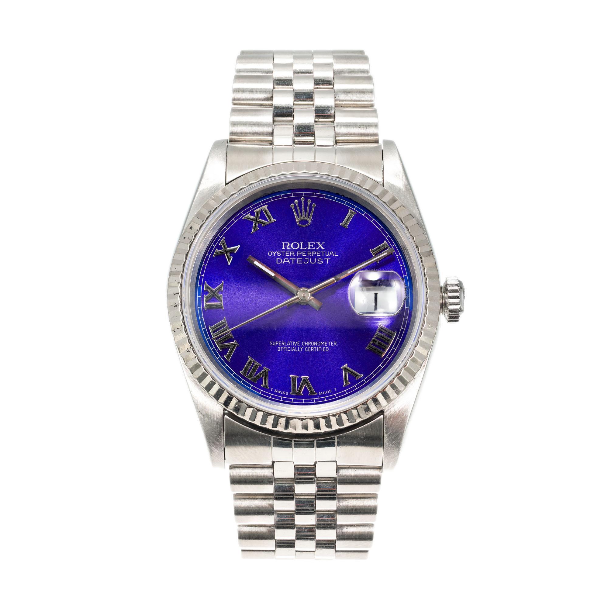 Stainless-steel Rolex Datejust model 16234 with 18k white gold bezel. Custom colored rich blue Rolex dial with Roman numerals. Sapphire crystal and Jubilee band.

18k white gold
Stainless steel
96.2 grams
Length: 8.5 inches and easily