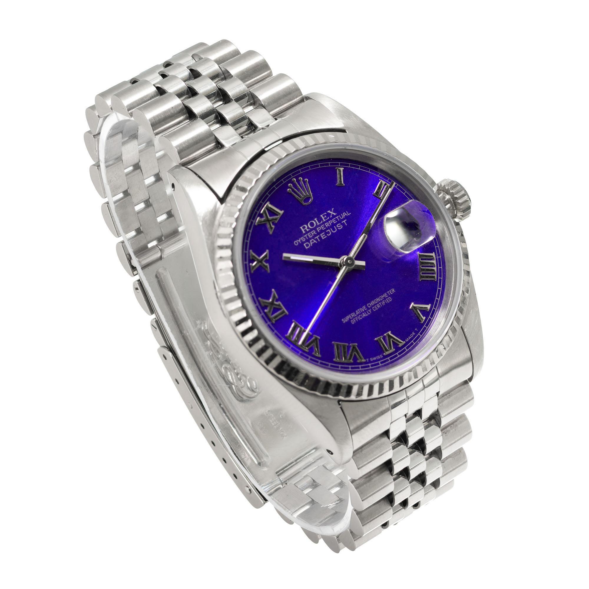 Rolex Steel Gold Datejust Custom Bright Blue Roman Dial Wristwatch Ref 16234 In Excellent Condition In Stamford, CT