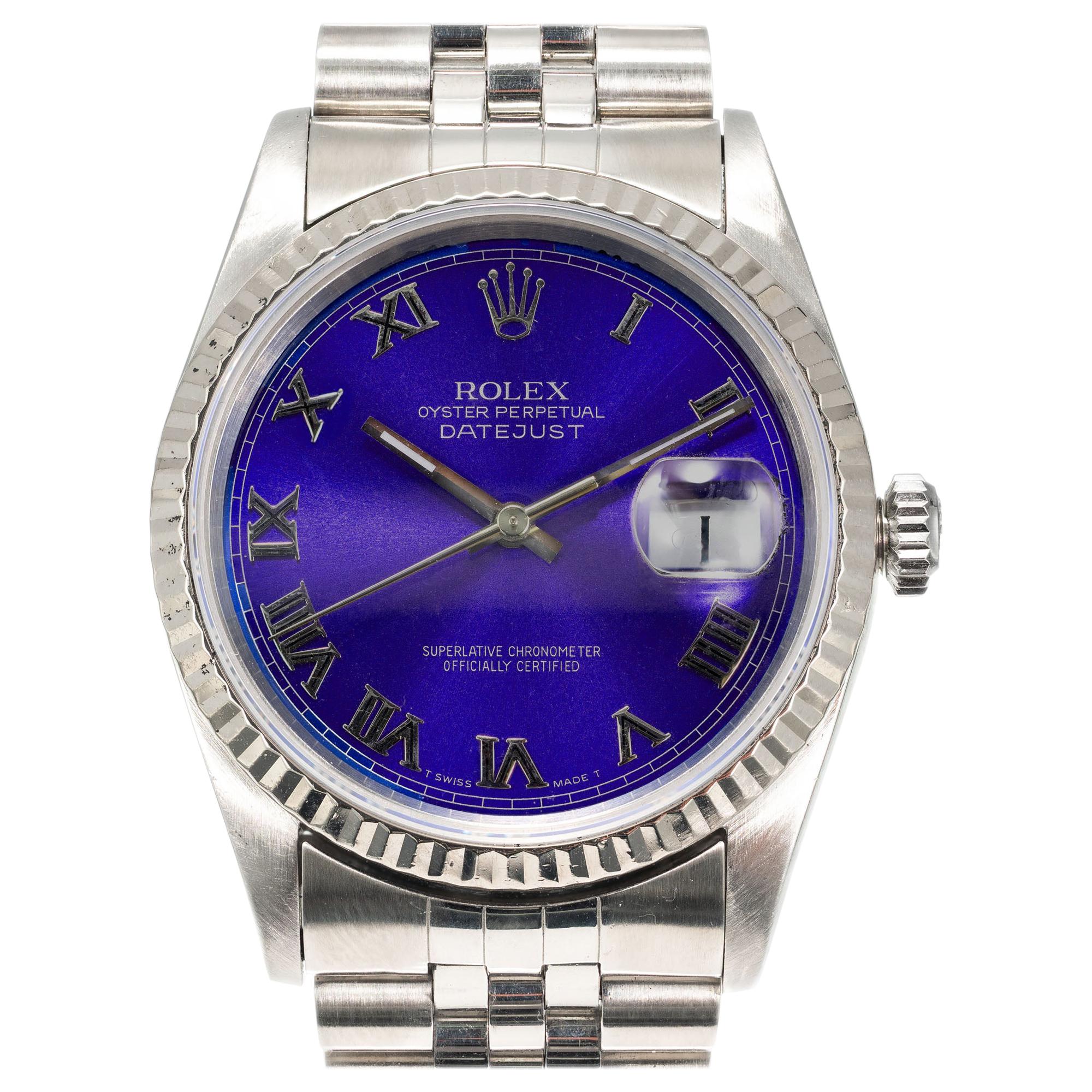 Rolex Steel Gold Datejust Custom Bright Blue Roman Dial Wristwatch Ref 16234