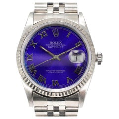 Rolex Steel Gold Datejust Custom Bright Blue Roman Dial Wristwatch Ref 16234