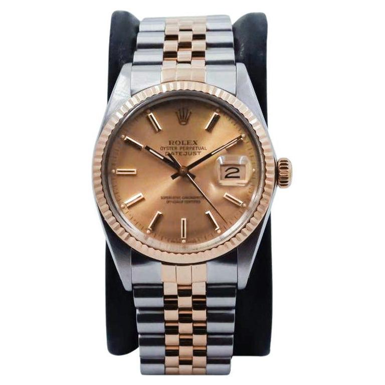 FACTORY / HOUSE: Rolex Watch Company
STYLE / REFERENCE: Oyster Perpetual Datejust / Reference 16013
METAL / MATERIAL: Steel and Gold 2 Tone
CIRCA / YEAR: 1970
DIMENSIONS / SIZE:  Length 44mm X Diameter 36mm
MOVEMENT / CALIBER: Perpetual Winding / 26