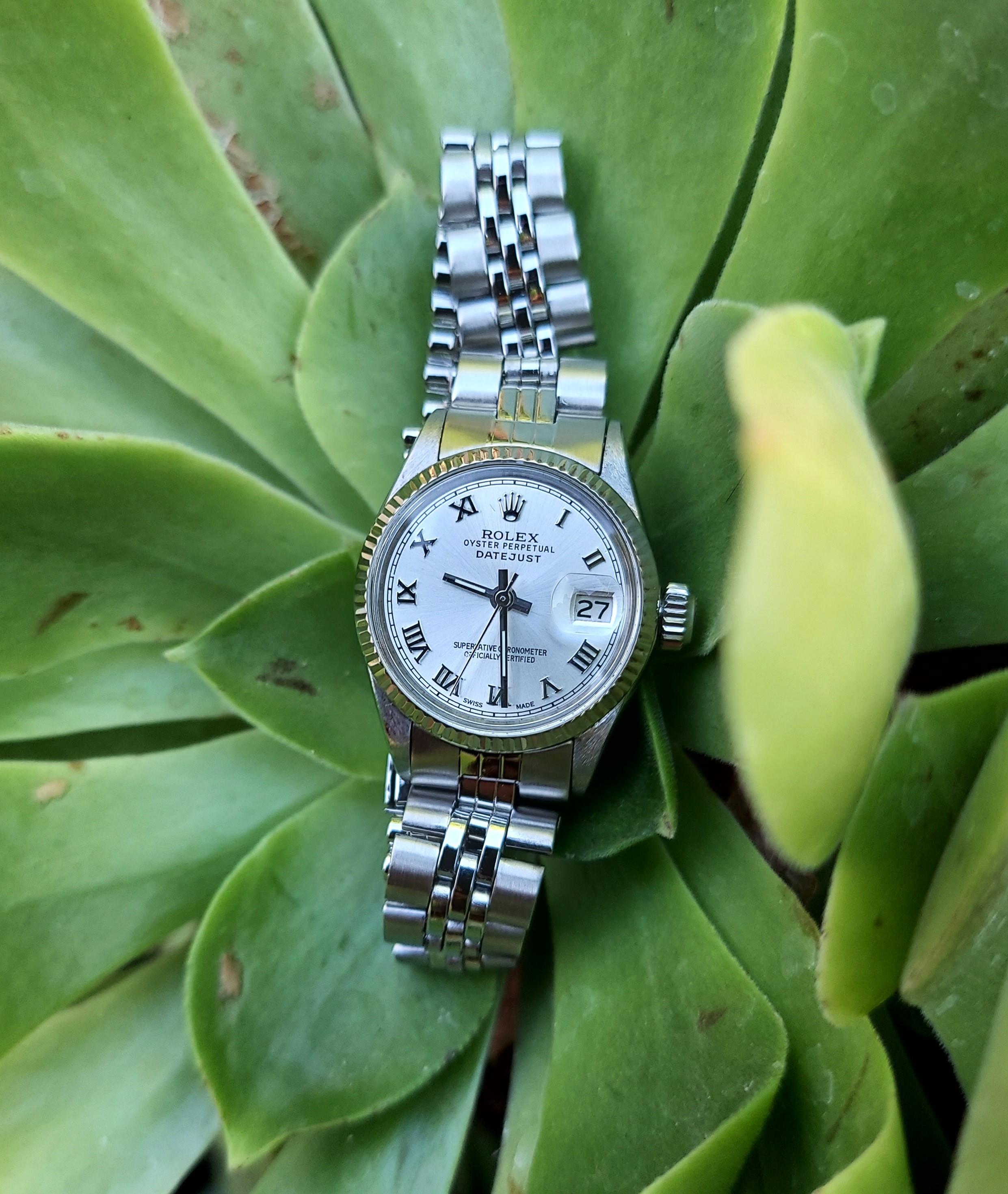 Rolex steel  ladies 26mm Datejust 6516 Roman Numeral white gold fluted  In Good Condition For Sale In San Fernando, CA
