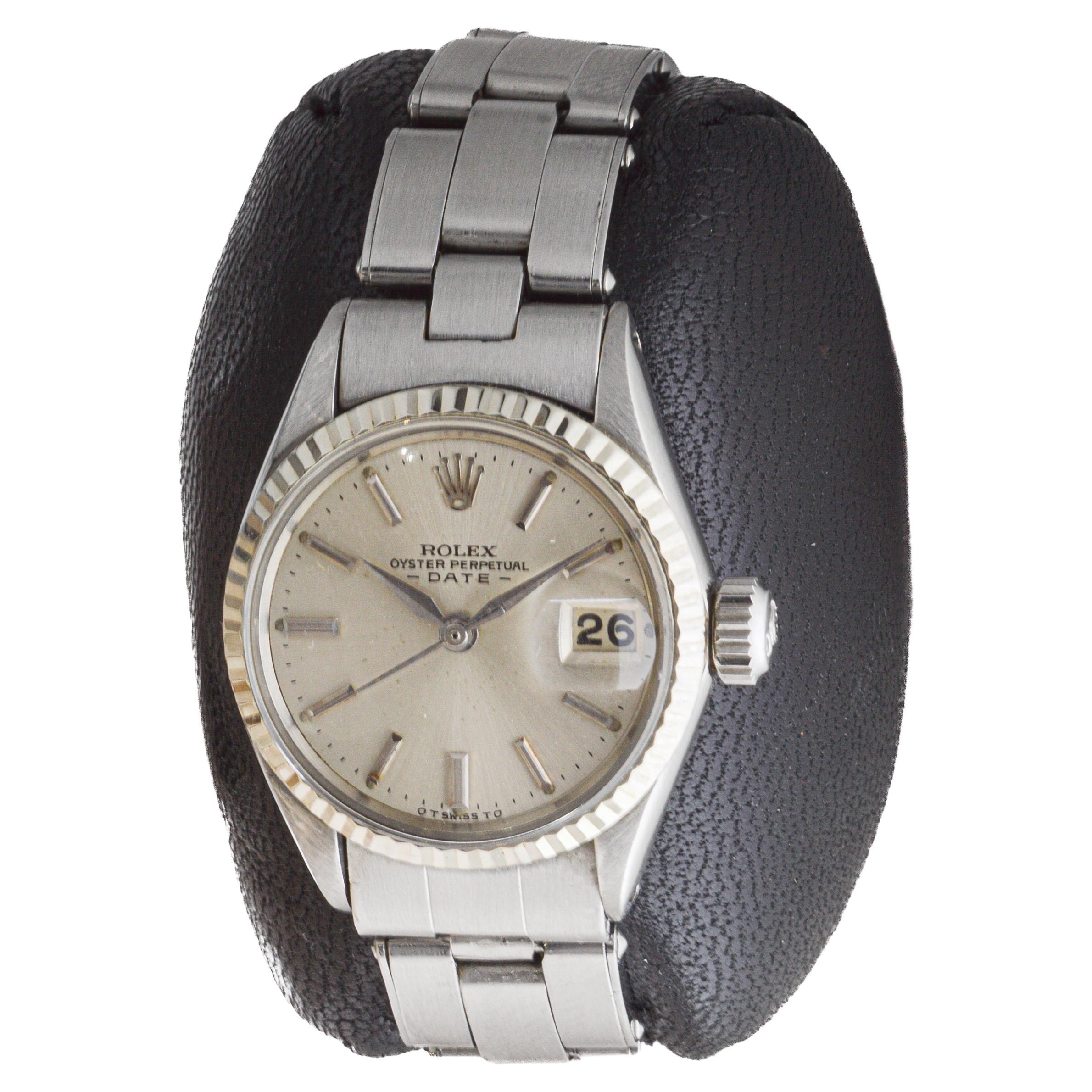 Modern Rolex Steel Ladies Oyster Perpetual Date with Factory Original Silvered Dial For Sale
