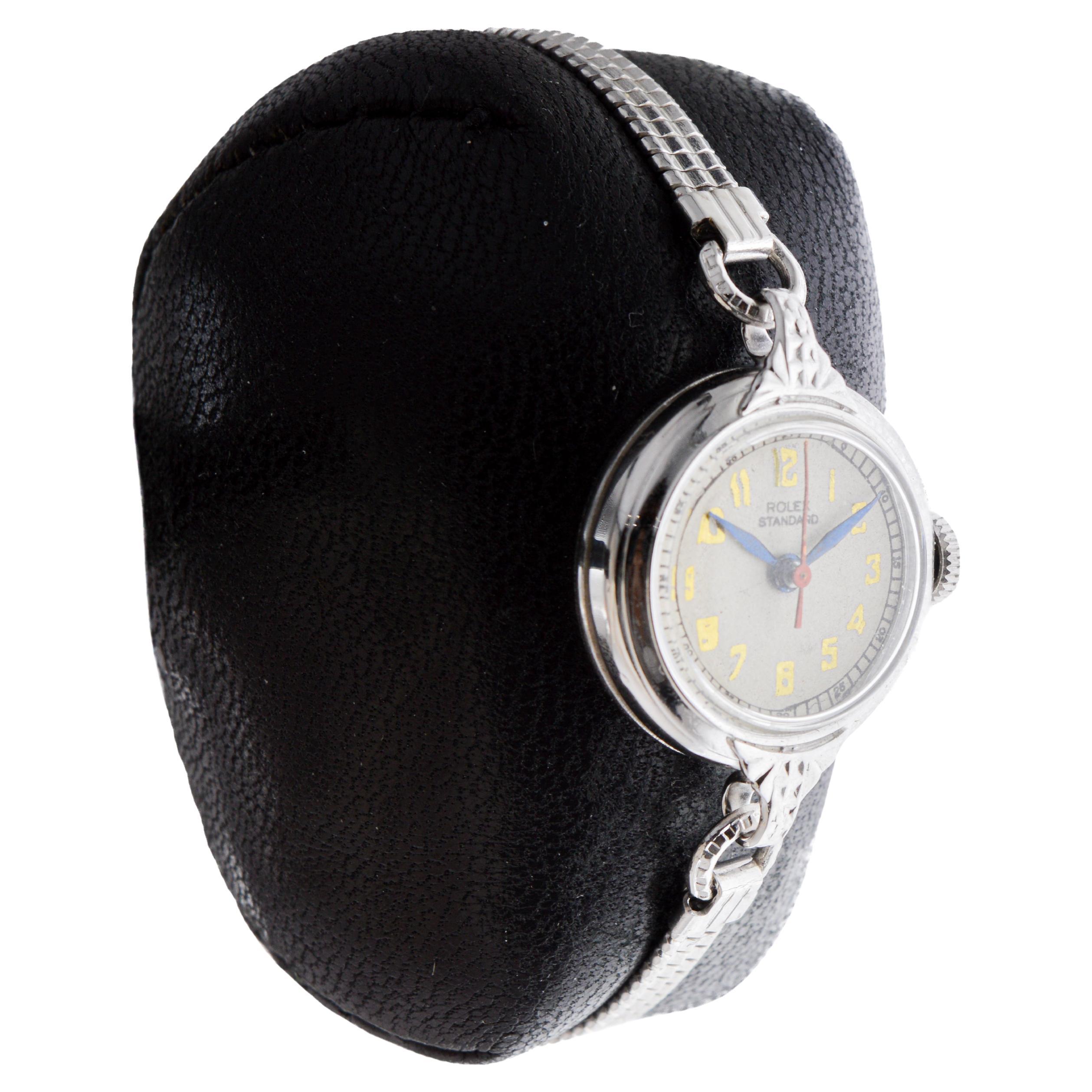 FACTORY / HOUSE: Rolex Watch Company
STYLE / REFERENCE: Art Deco / Round
METAL / MATERIAL: Steel
CIRCA / YEAR: 1940's
DIMENSIONS / SIZE: Length 29mm X Diameter 21mm
MOVEMENT / CALIBER: Manual Winding / 17 Jewels  
DIAL / HANDS: Original Silvered