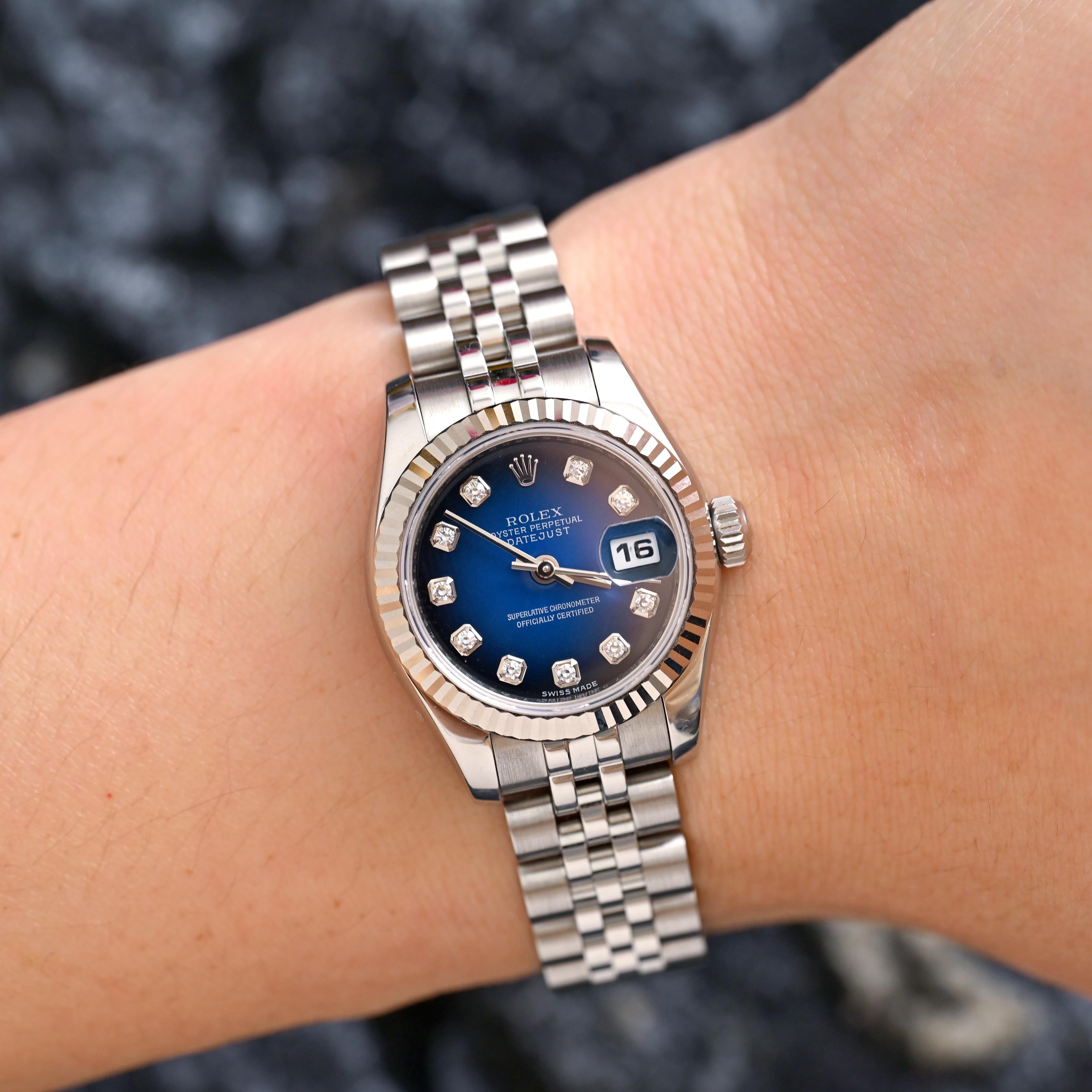 Rolex Steel Lady Datejust Ombre Blue Dial with Diamond Indexes Ref. 179174 en vente 8
