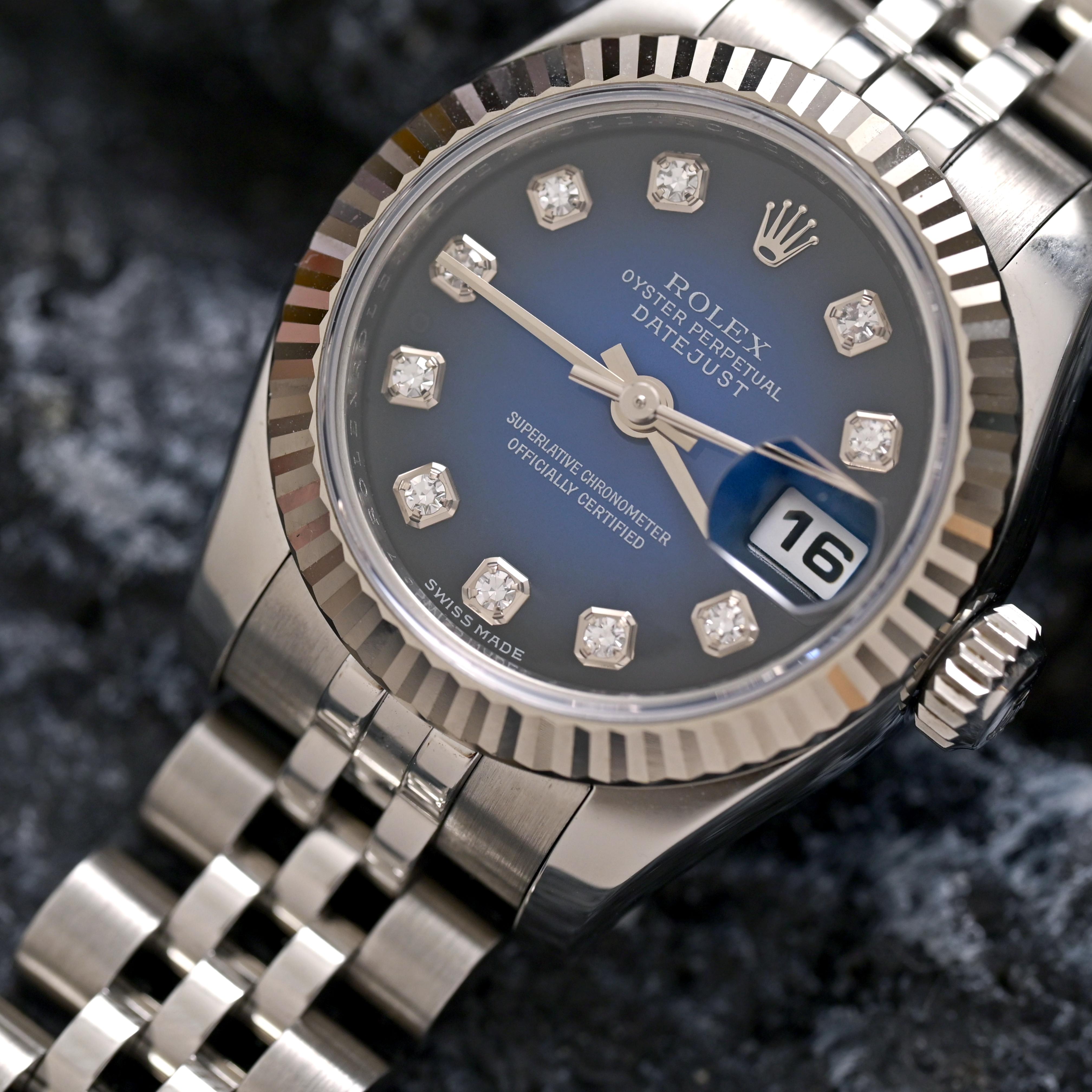 Rolex Steel Lady Datejust Ombre Blue Dial with Diamond Indexes Ref. 179174 en vente 3