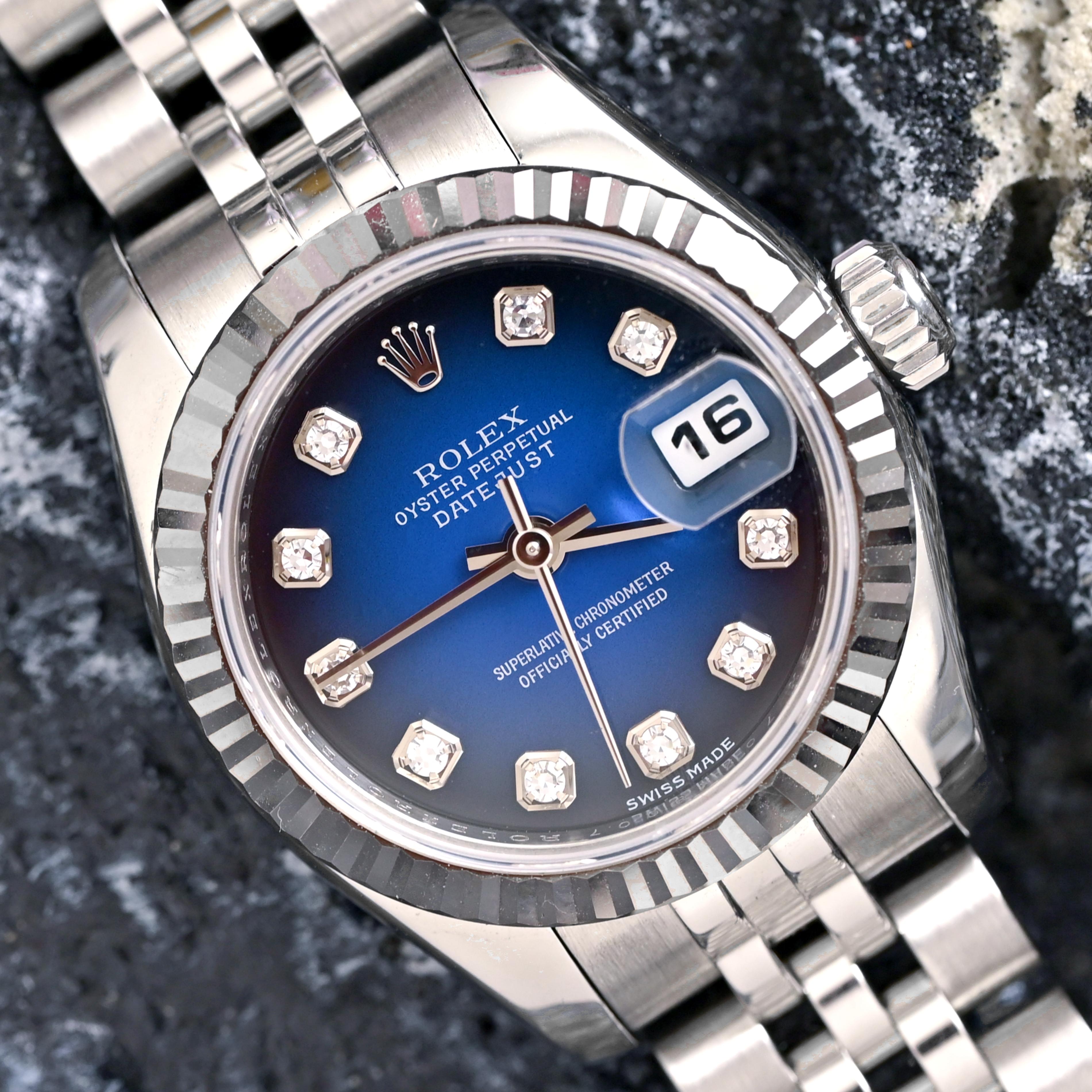 Rolex Steel Lady Datejust Ombre Blue Dial with Diamond Indexes Ref. 179174 en vente 4