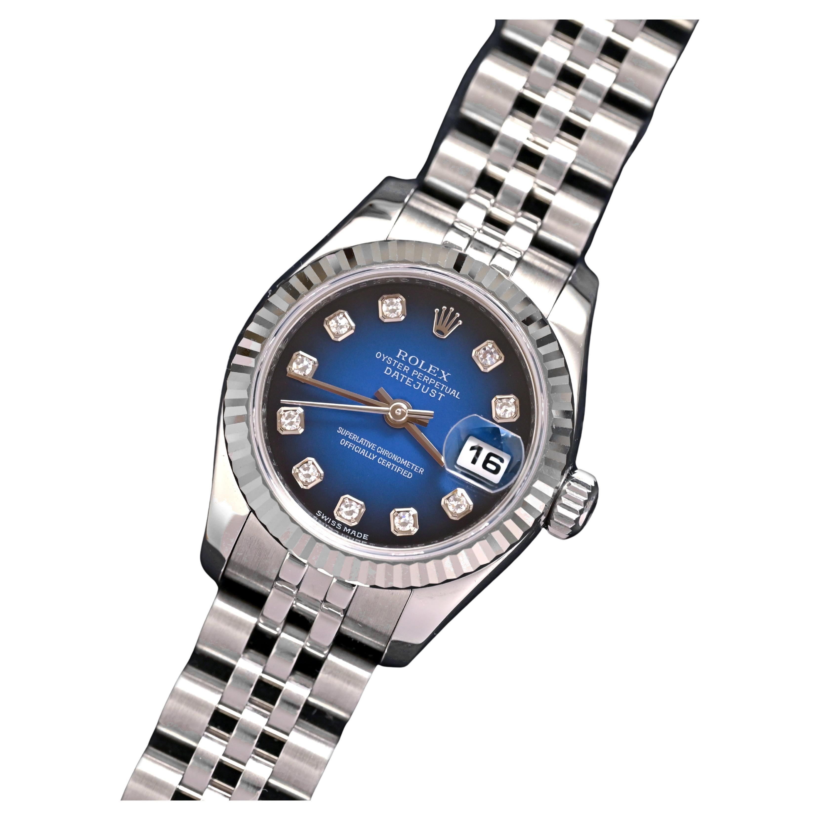 Rolex Steel Lady Datejust Ombre Blue Dial with Diamond Indexes Ref. 179174 en vente