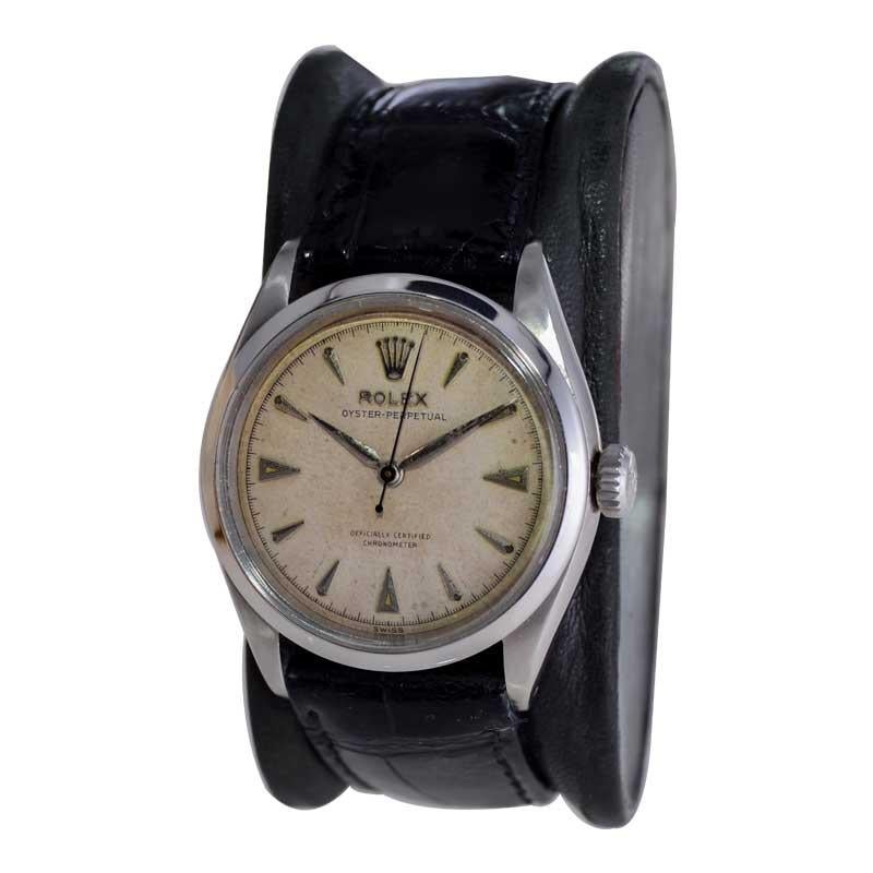 Movimiento de acero con fondo de burbuja de la serie tardía de Rolex con esfera original de 1951 en venta 1