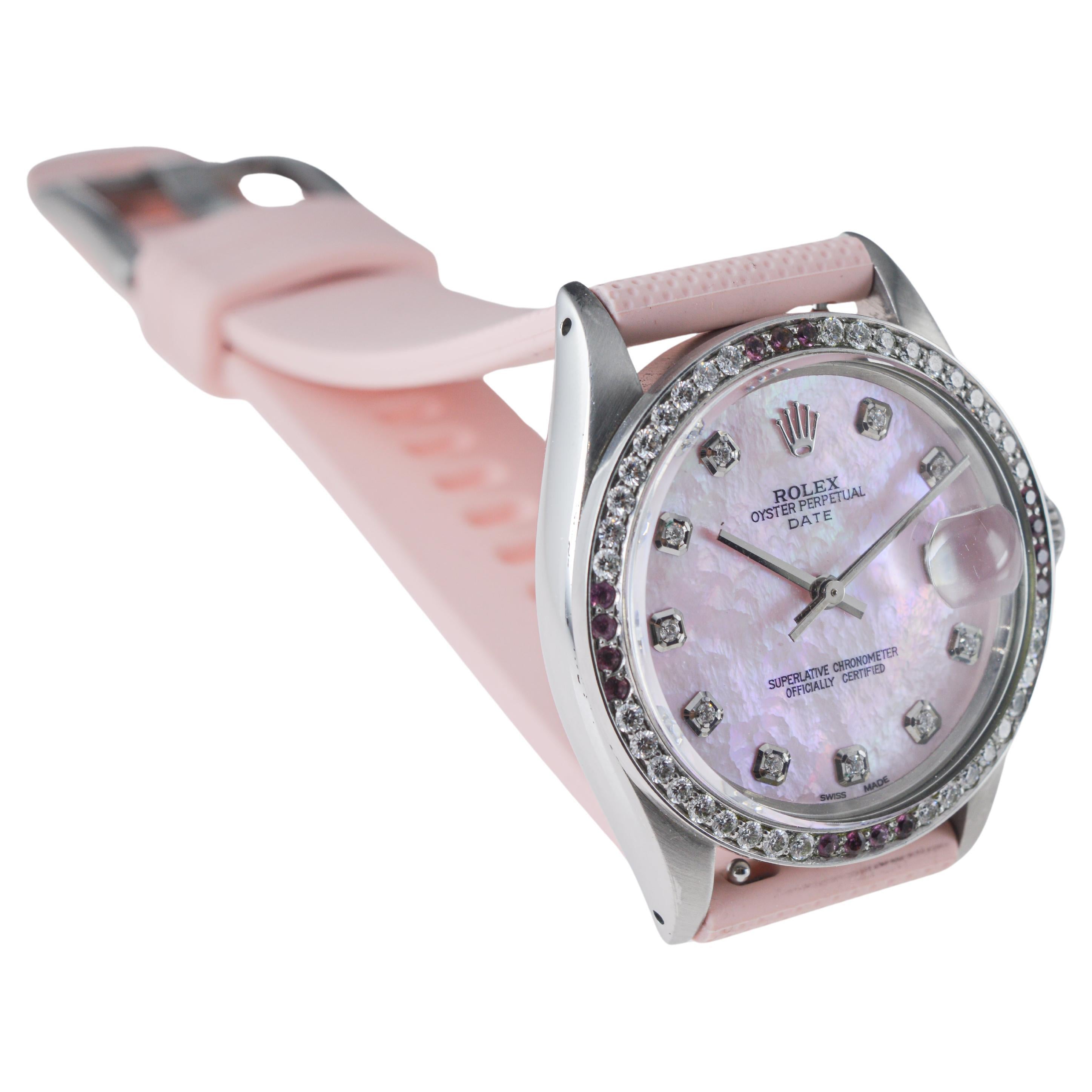 Rolex Steel O.P Date With Custom Made M.O.P Dial and Diamond Bezel circa 1960's For Sale 5