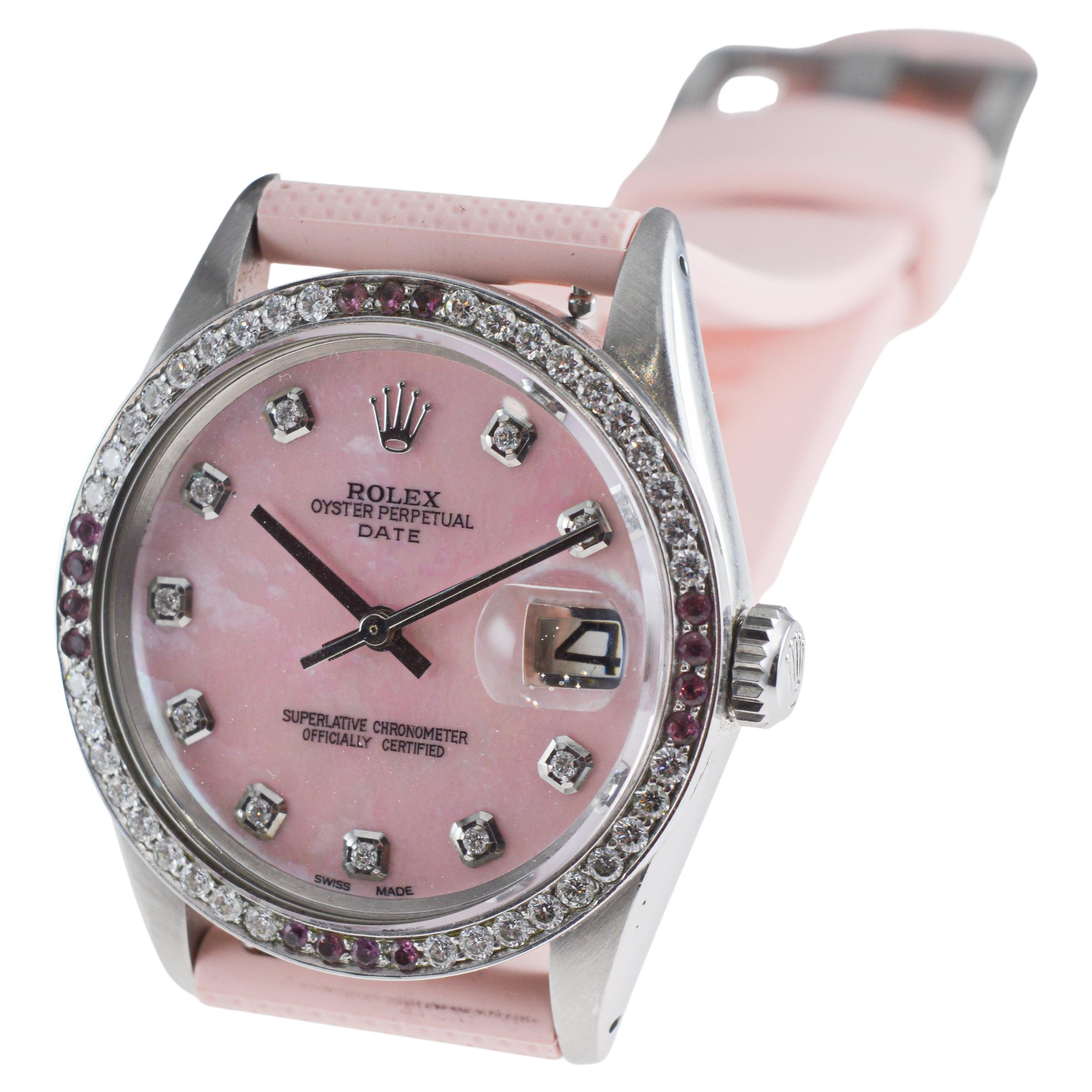 Rolex Steel O.P Date With Custom Made M.O.P Dial and Diamond Bezel circa 1960's For Sale 6