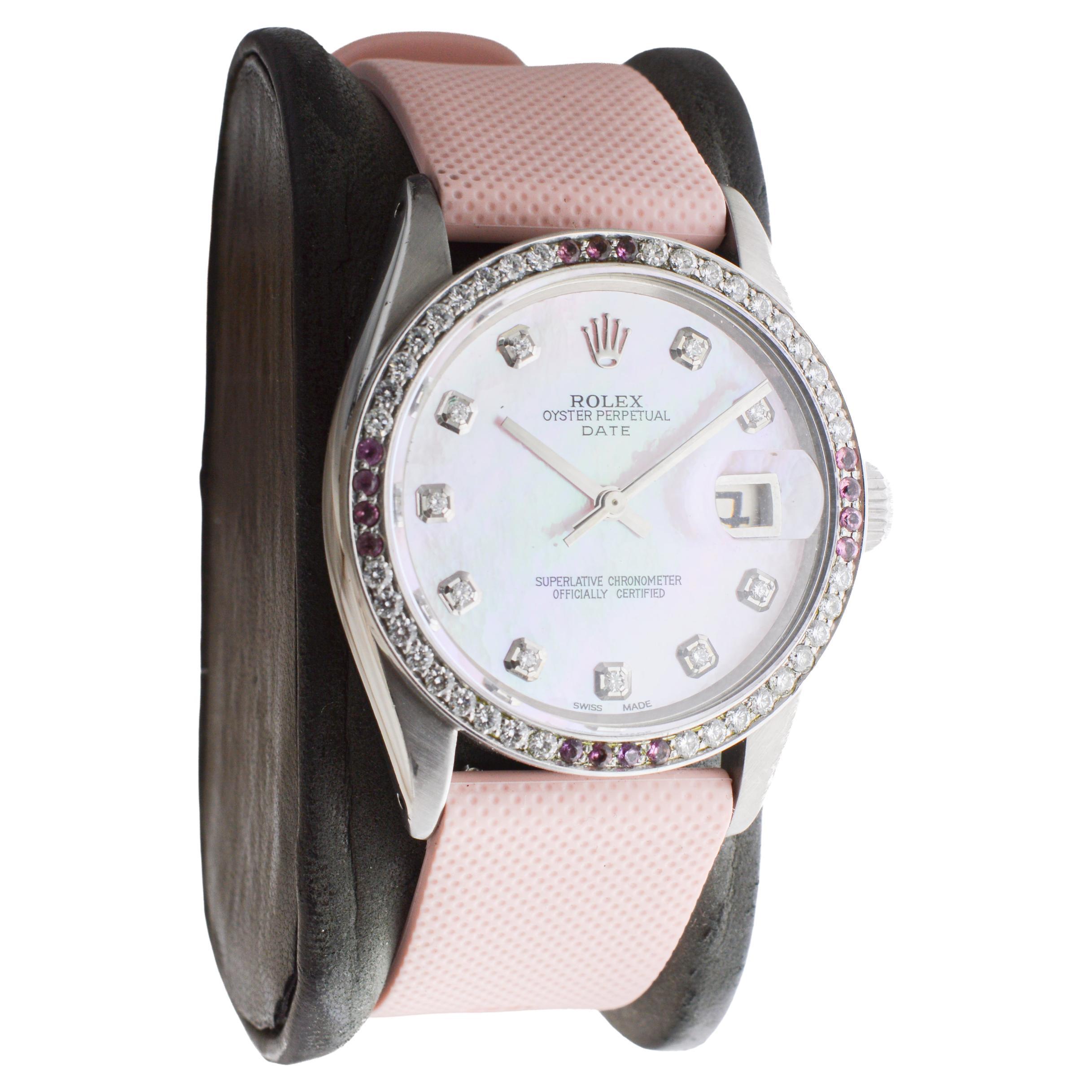 Modern Rolex Steel O.P Date With Custom Made M.O.P Dial and Diamond Bezel circa 1960's For Sale