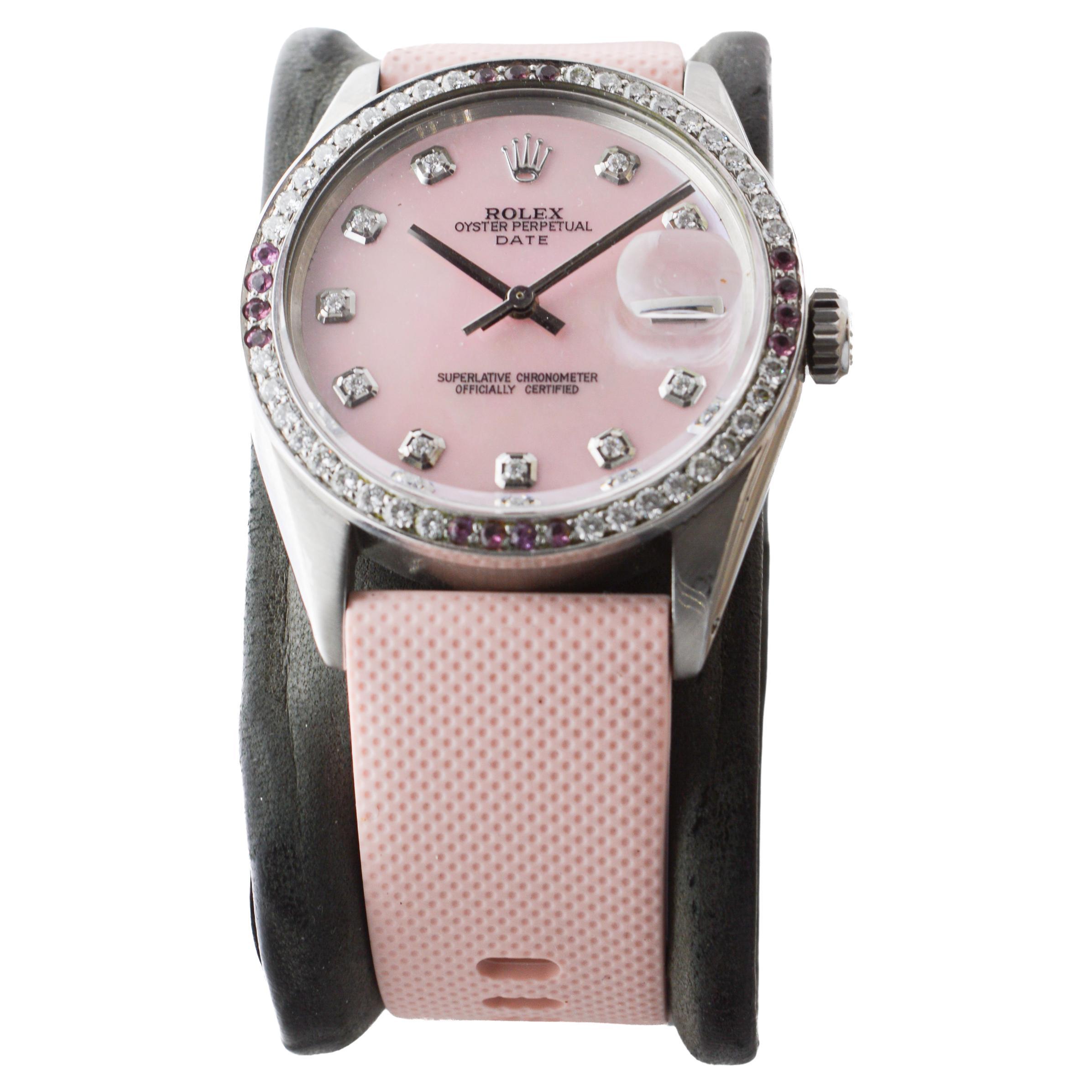 Women's or Men's Rolex Steel O.P Date With Custom Made M.O.P Dial and Diamond Bezel circa 1960's For Sale