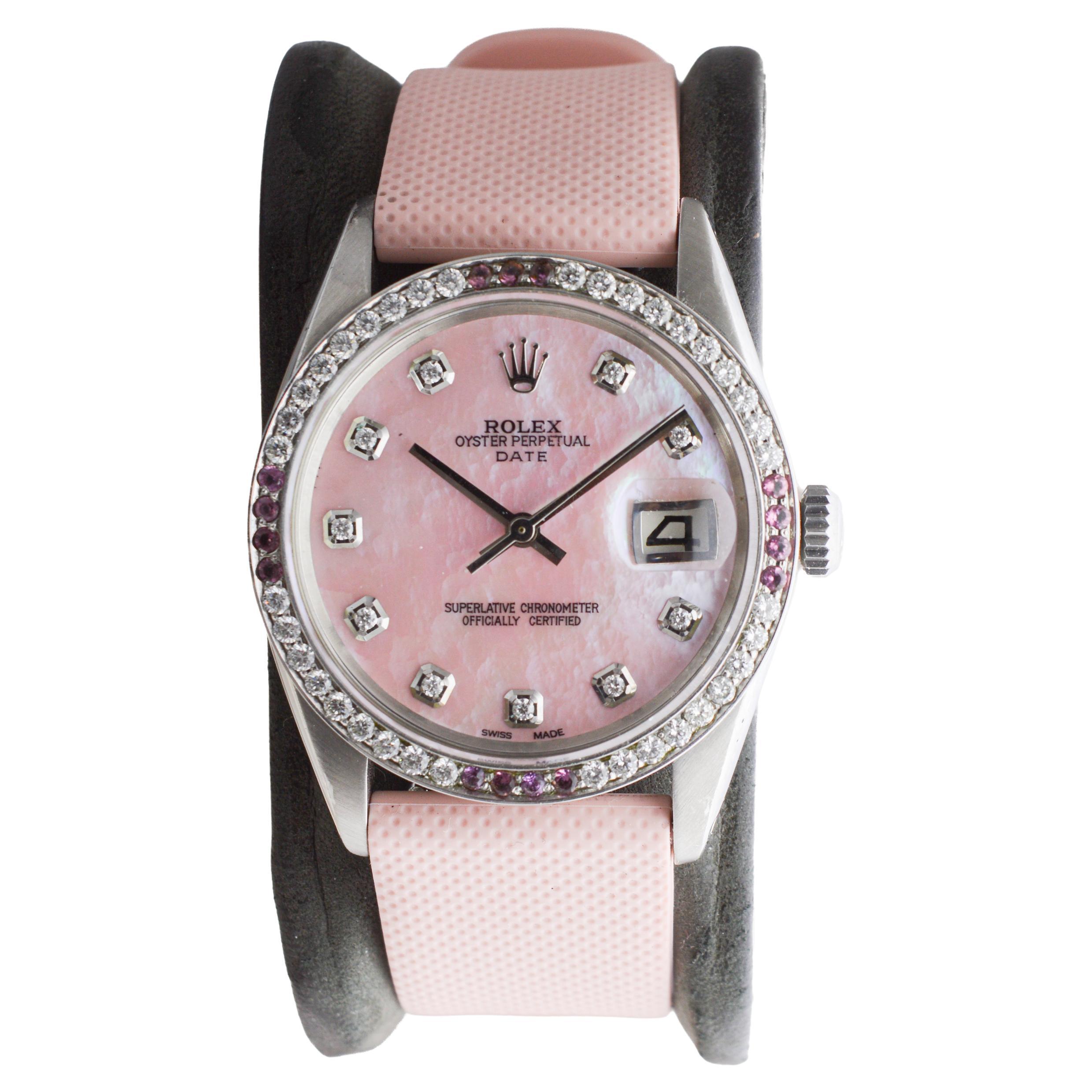 Rolex Steel O.P Date With Custom Made M.O.P Dial and Diamond Bezel circa 1960's For Sale 1