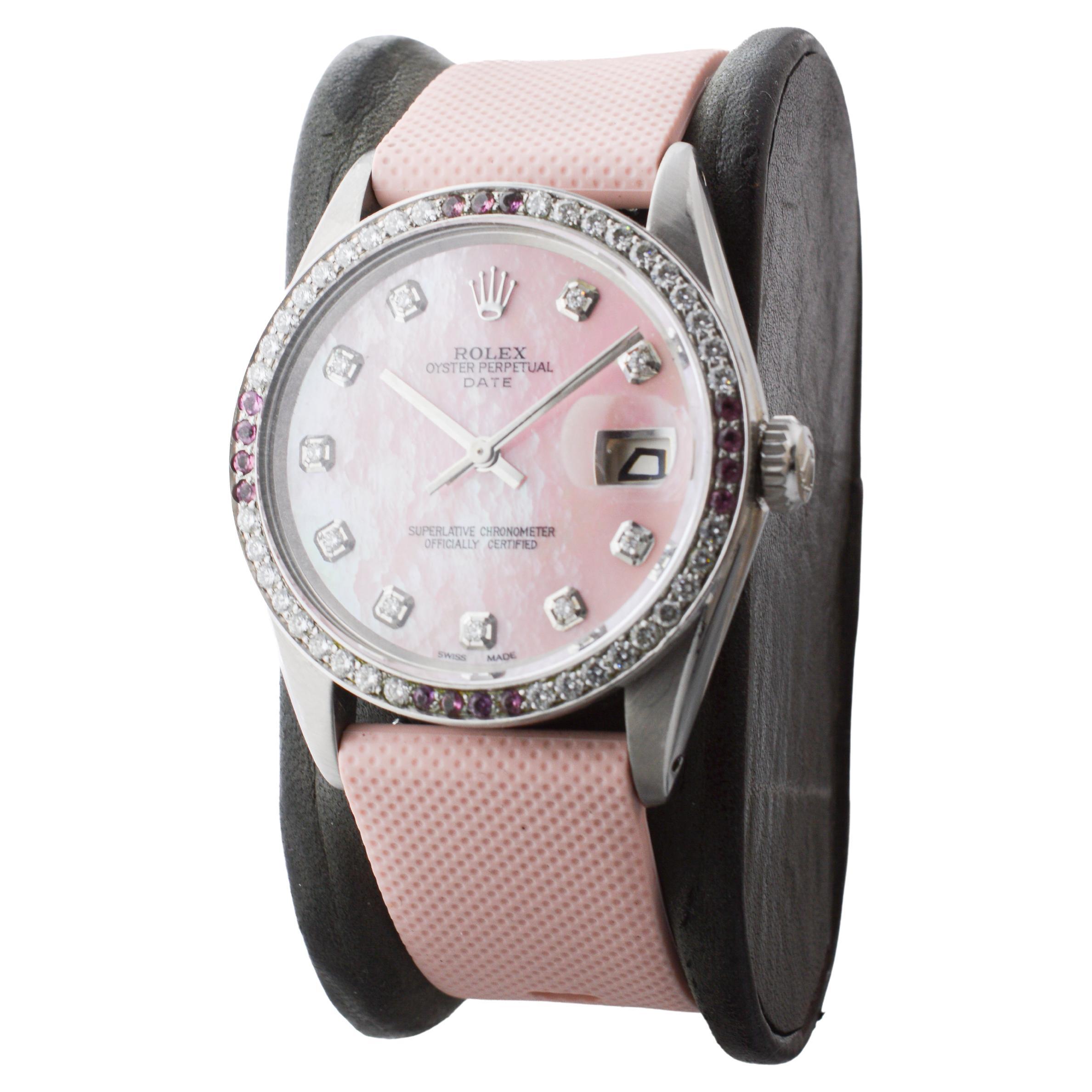 Rolex Steel O.P Date With Custom Made M.O.P Dial and Diamond Bezel circa 1960's For Sale 2