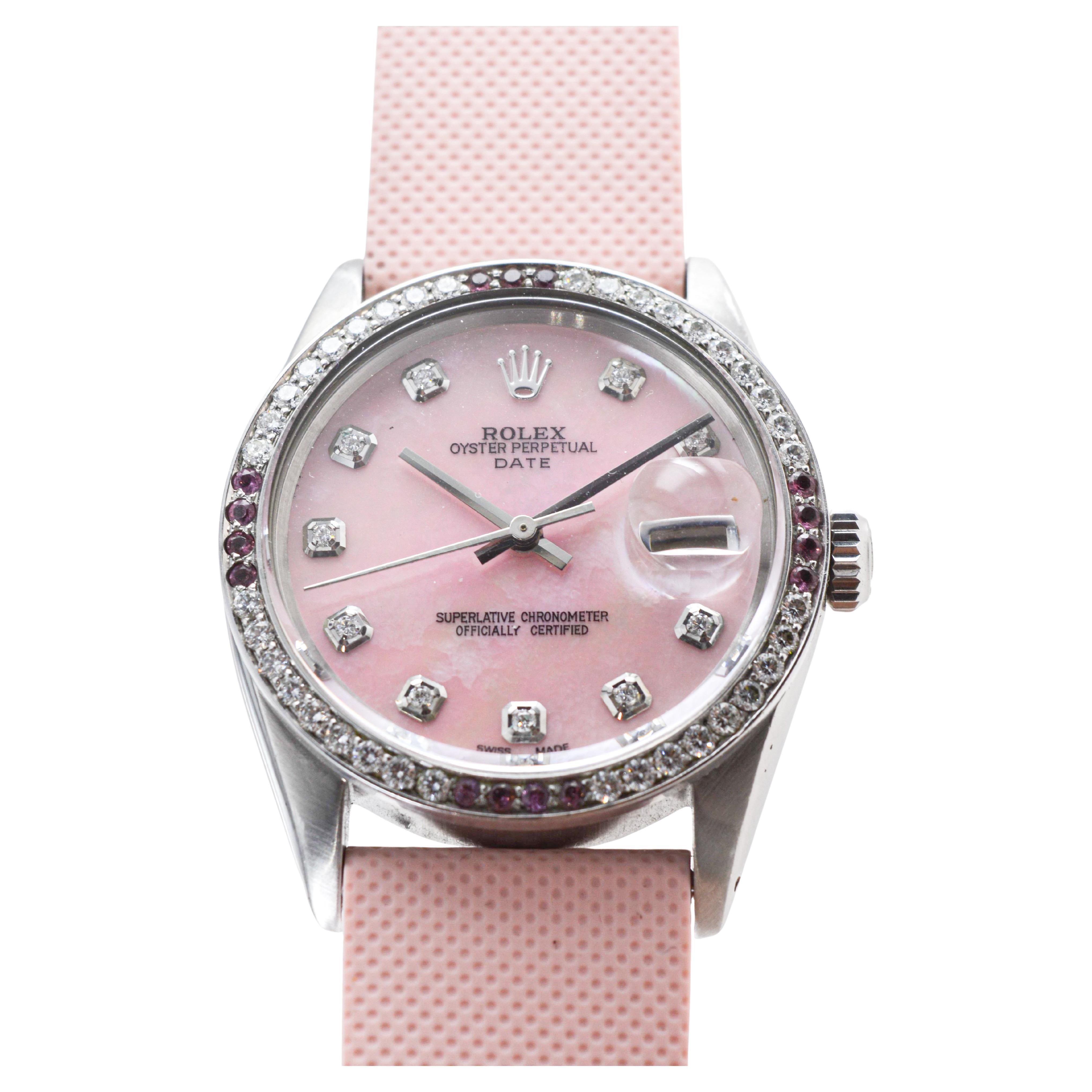 Rolex Steel O.P Date With Custom Made M.O.P Dial and Diamond Bezel circa 1960's For Sale 3
