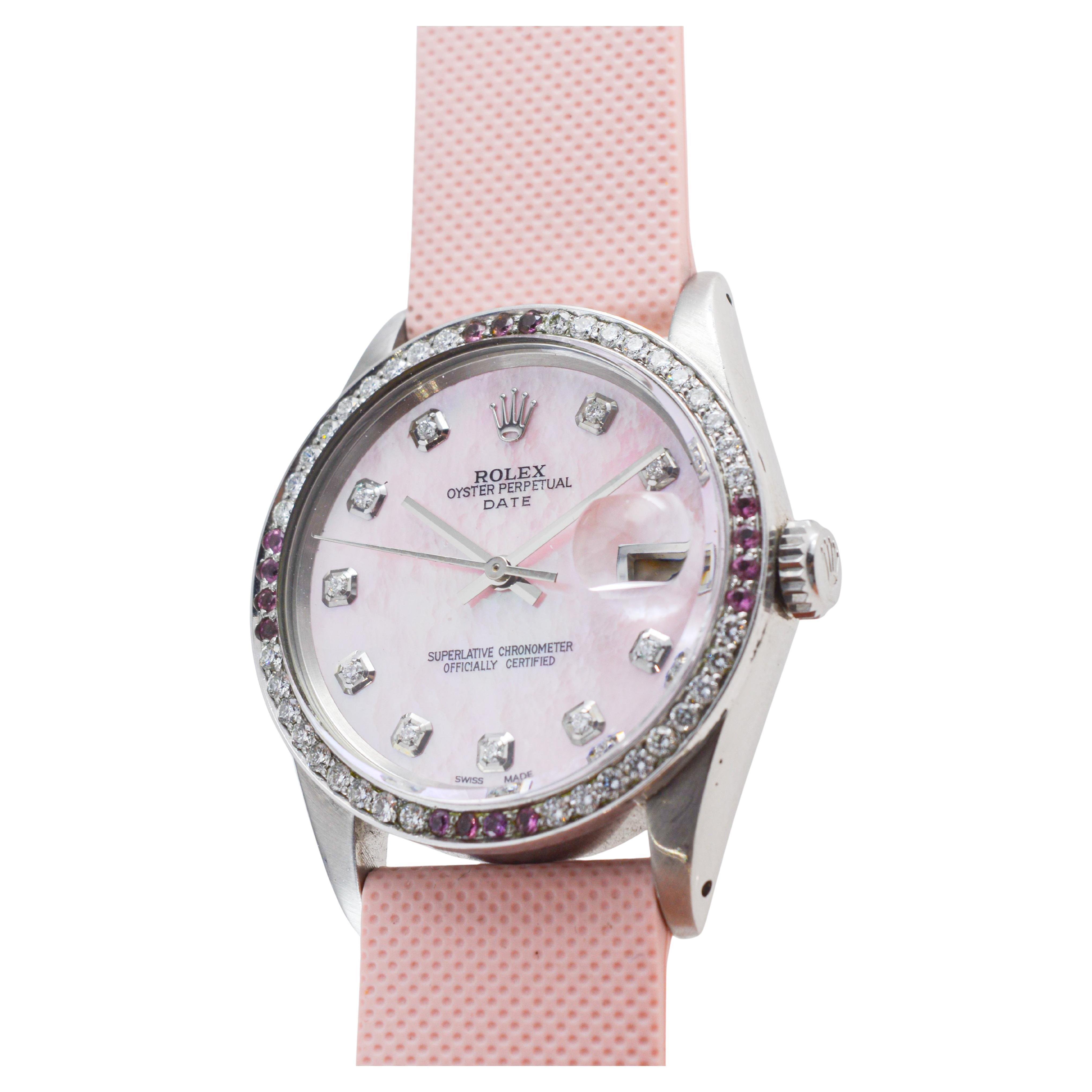 Rolex Steel O.P Date With Custom Made M.O.P Dial and Diamond Bezel circa 1960's For Sale 4