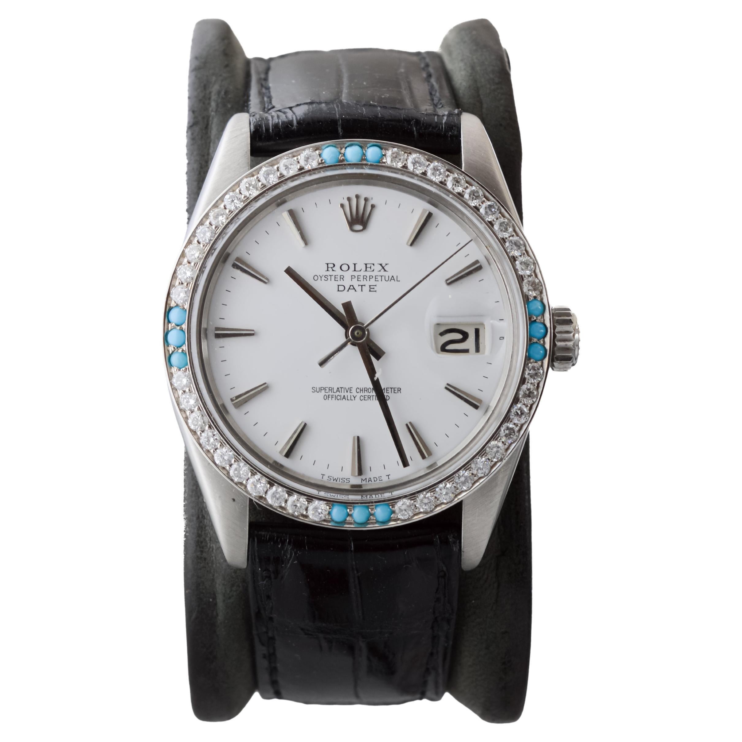Rolex Montre O.P Date avec cadran blanc rare d'origine et lunette en diamants, ca 1970 Excellent état - En vente à Long Beach, CA