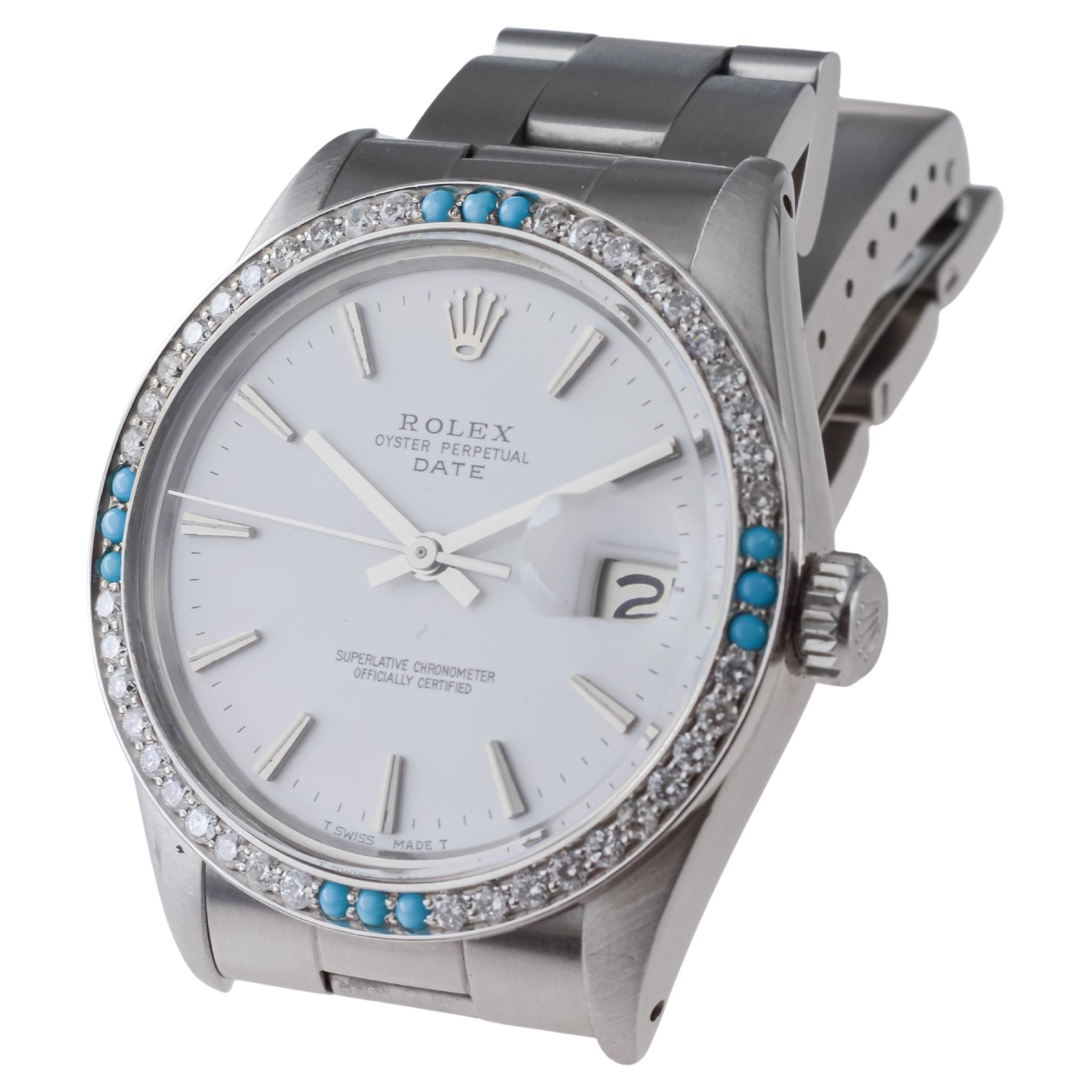 Rolex Steel O.P Date with Rare White Dial and Diamond Bezel circa, 1970's For Sale 6