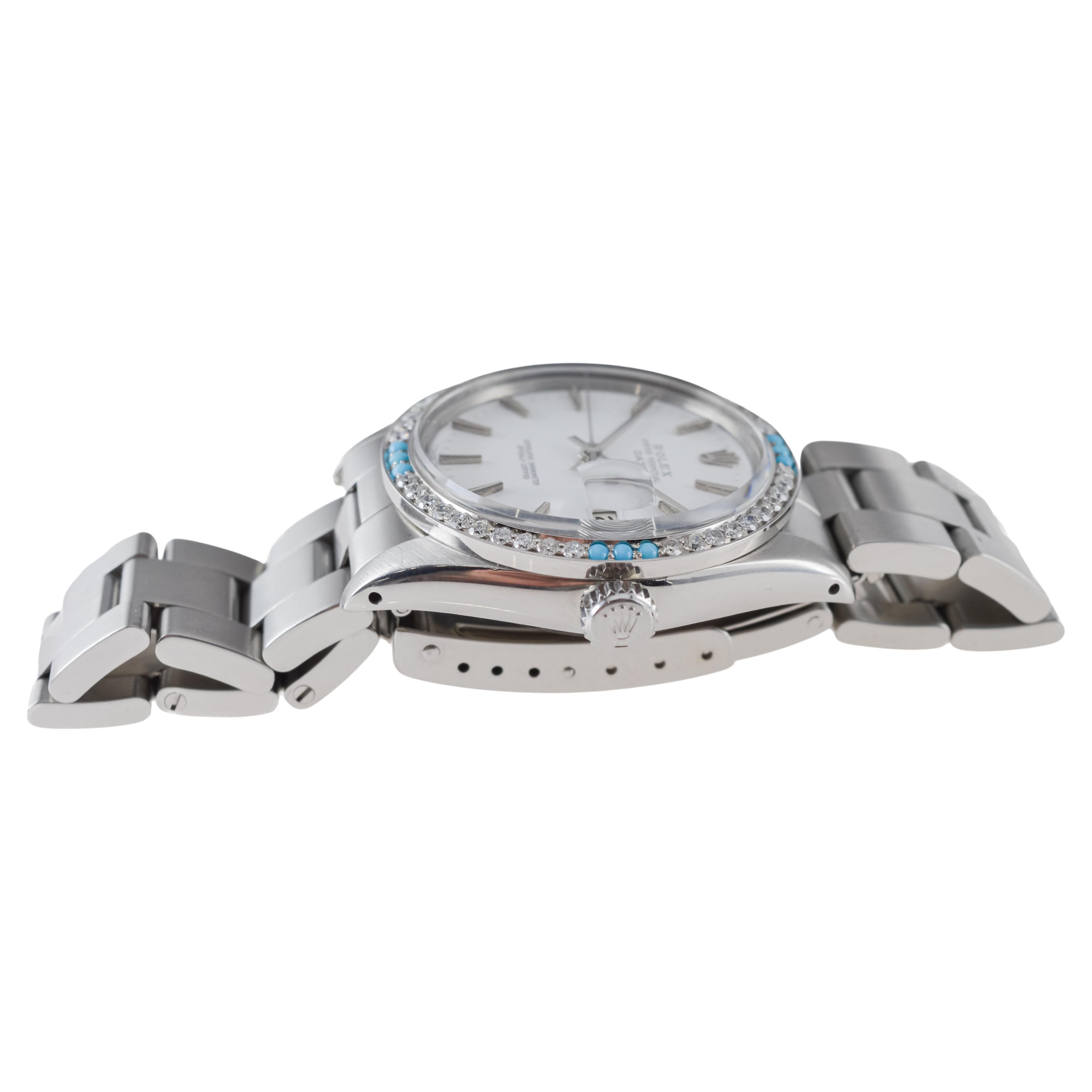 Rolex Steel O.P Date with Rare White Dial and Diamond Bezel circa, 1970's For Sale 7