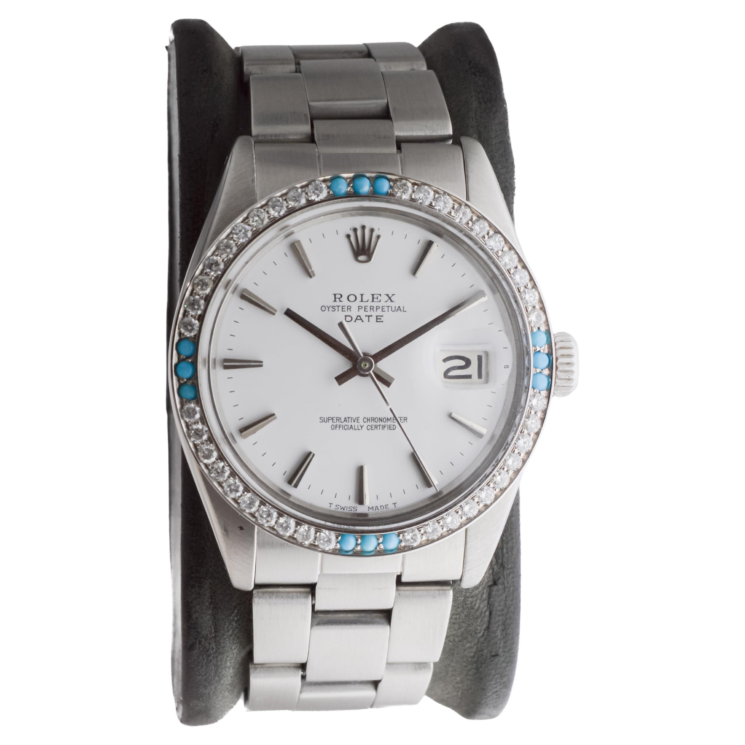 Modern Rolex Steel O.P Date with Rare White Dial and Diamond Bezel circa, 1970's For Sale
