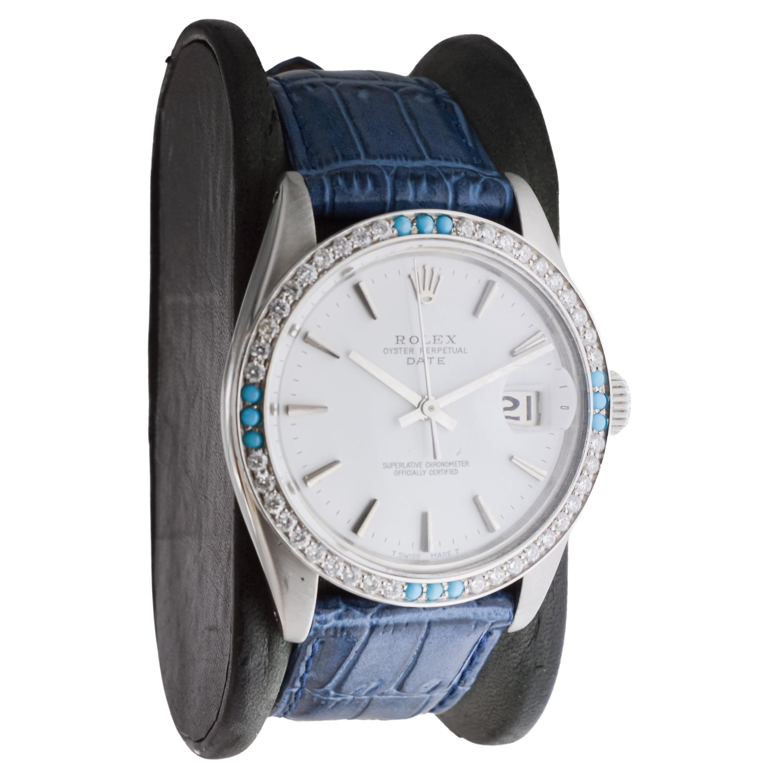 Modern Rolex Steel O.P Date with Rare White Dial and Diamond Bezel circa, 1970's For Sale