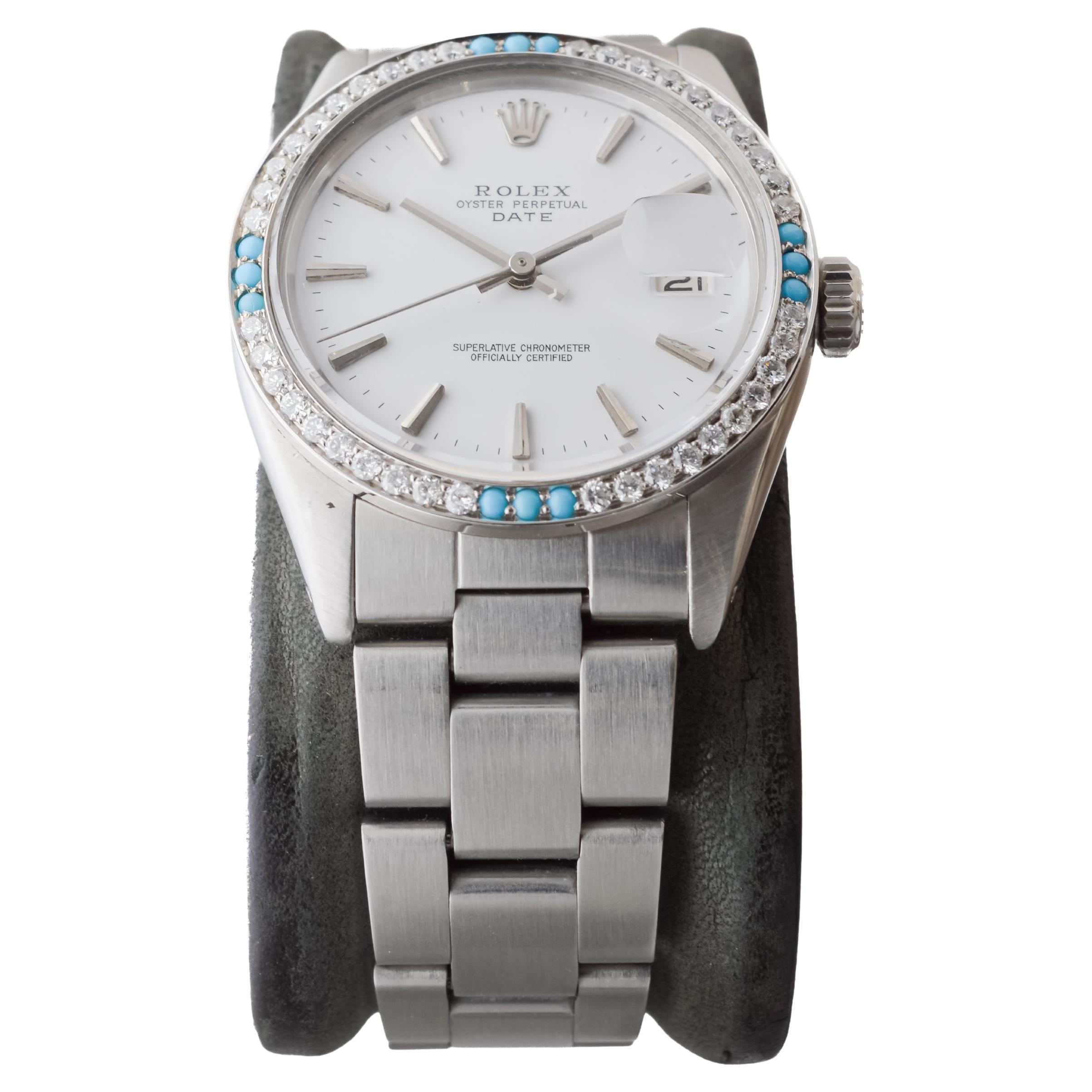 Rolex Steel O.P Date with Rare White Dial and Diamond Bezel circa, 1970's In Excellent Condition For Sale In Long Beach, CA