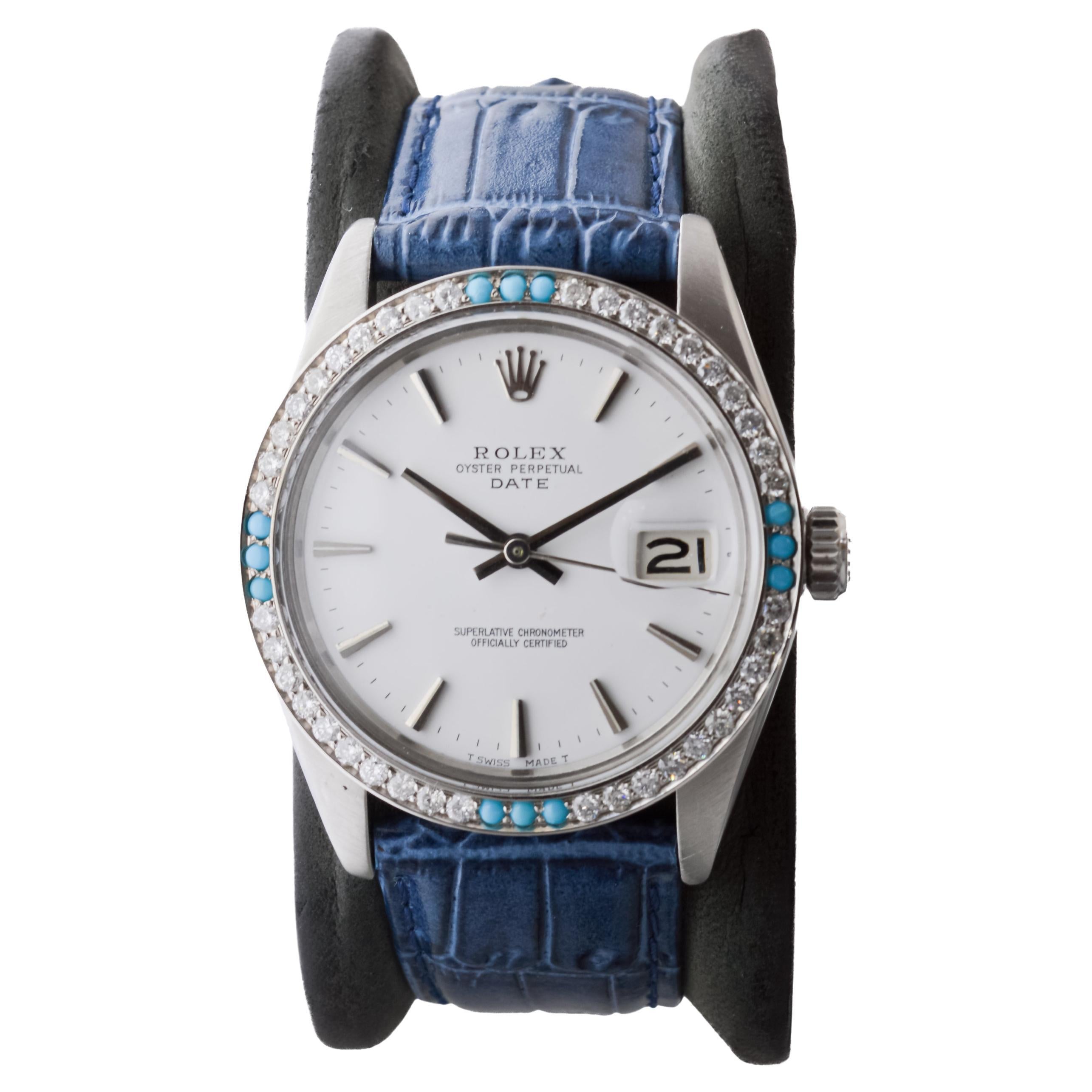 Rolex Steel O.P Date with Rare White Dial and Diamond Bezel circa, 1970's In Excellent Condition For Sale In Long Beach, CA