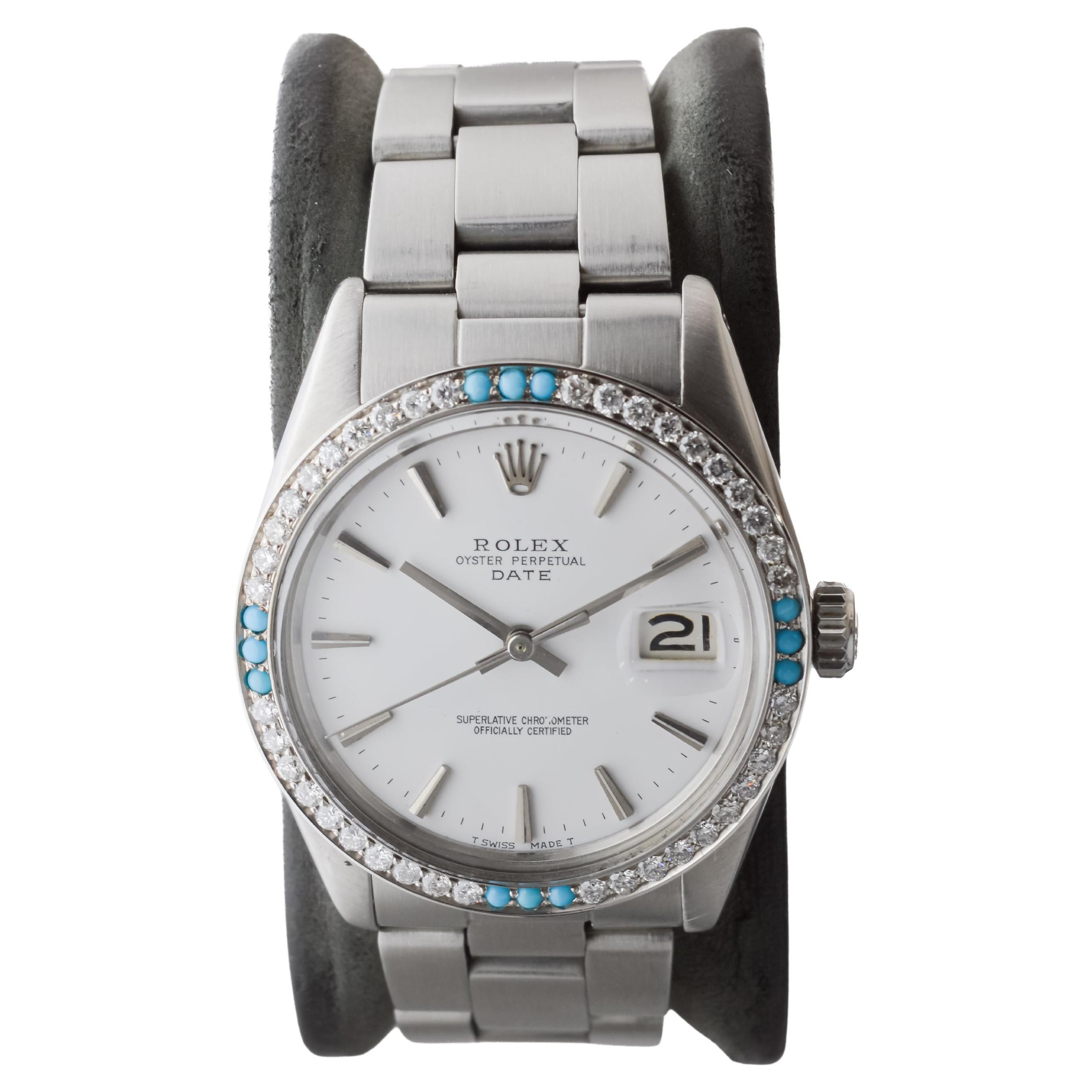 Women's or Men's Rolex Steel O.P Date with Rare White Dial and Diamond Bezel circa, 1970's For Sale