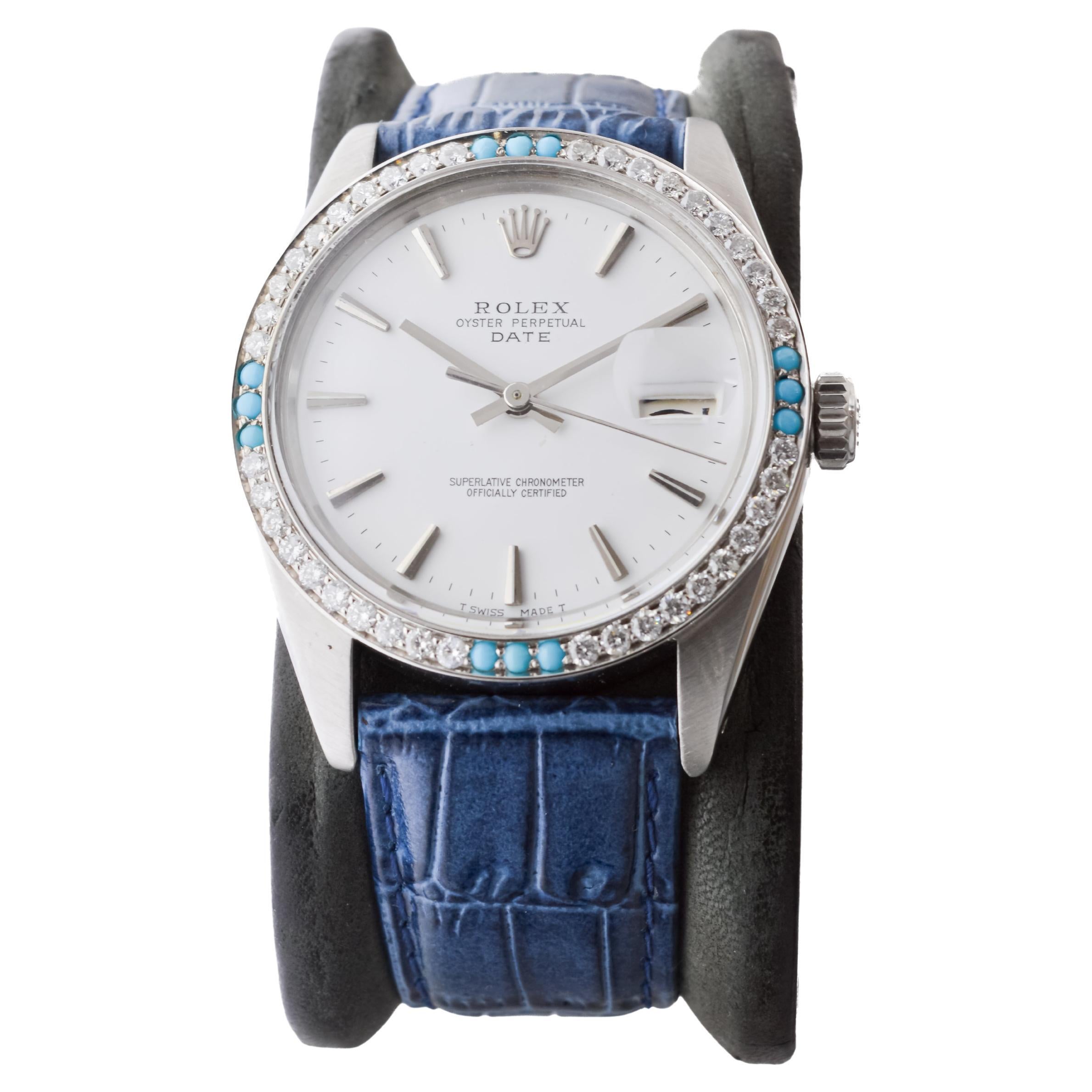 Women's or Men's Rolex Steel O.P Date with Rare White Dial and Diamond Bezel circa, 1970's For Sale