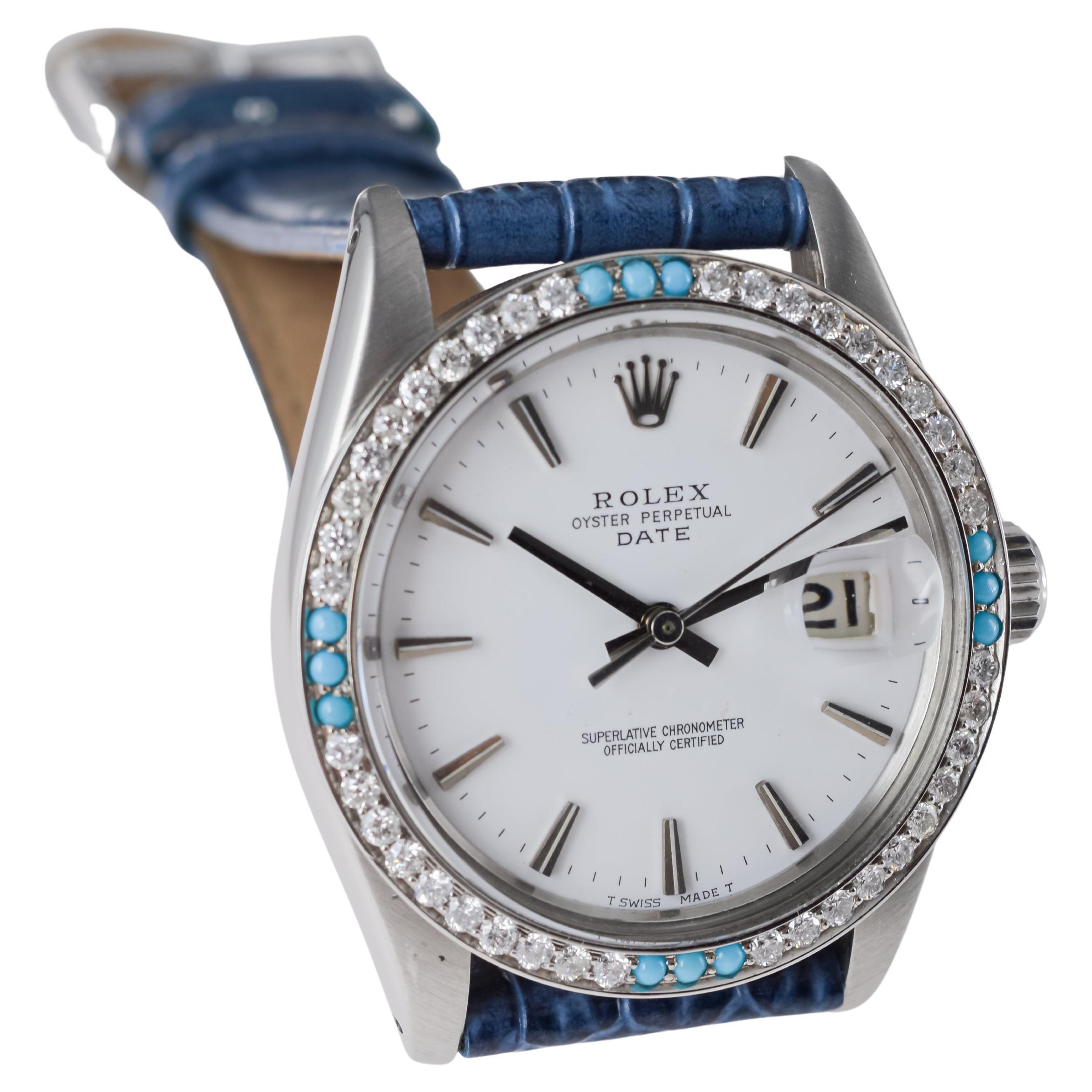Rolex Steel O.P Date with Rare White Dial and Diamond Bezel circa, 1970's For Sale 3