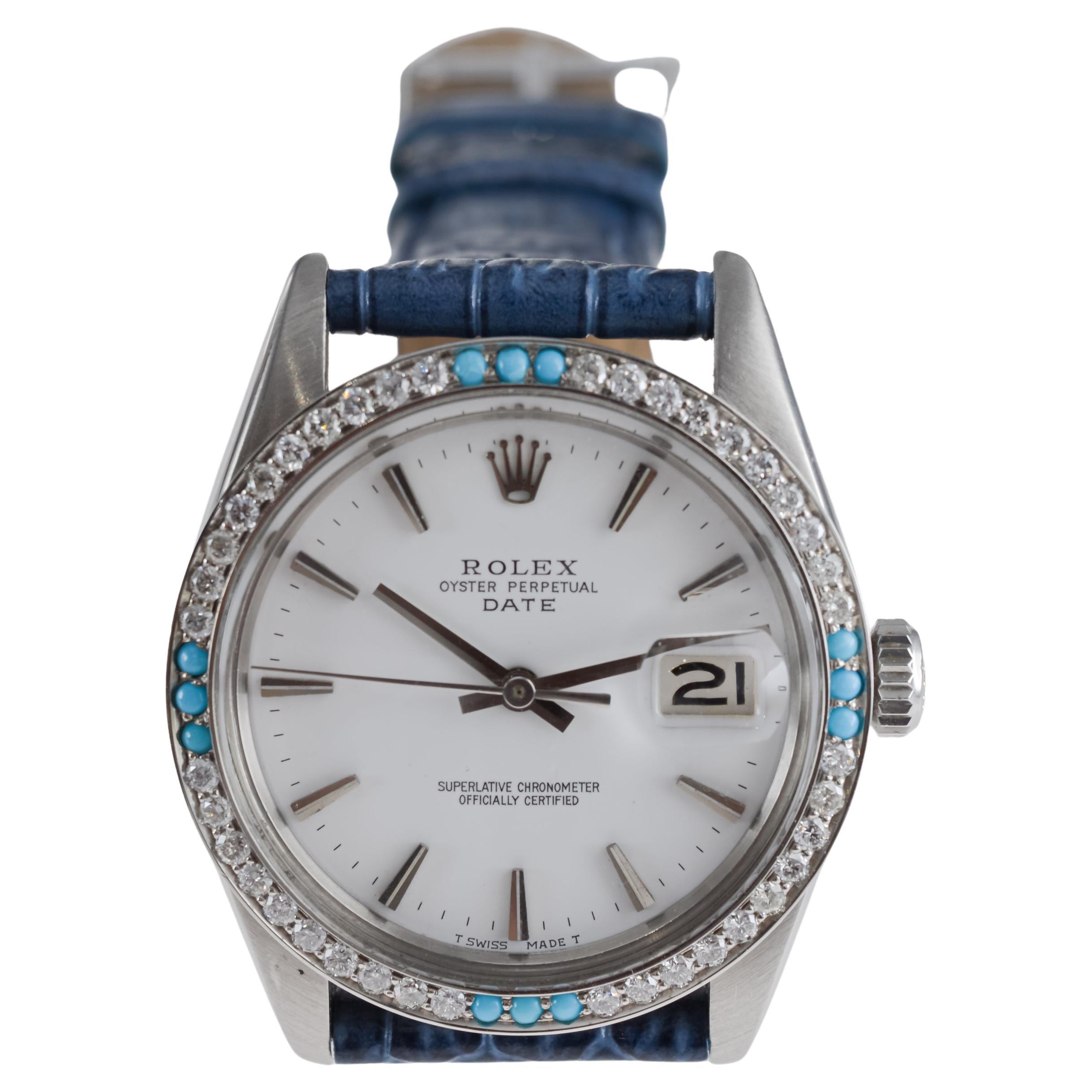 Rolex Steel O.P Date with Rare White Dial and Diamond Bezel circa, 1970's For Sale 4