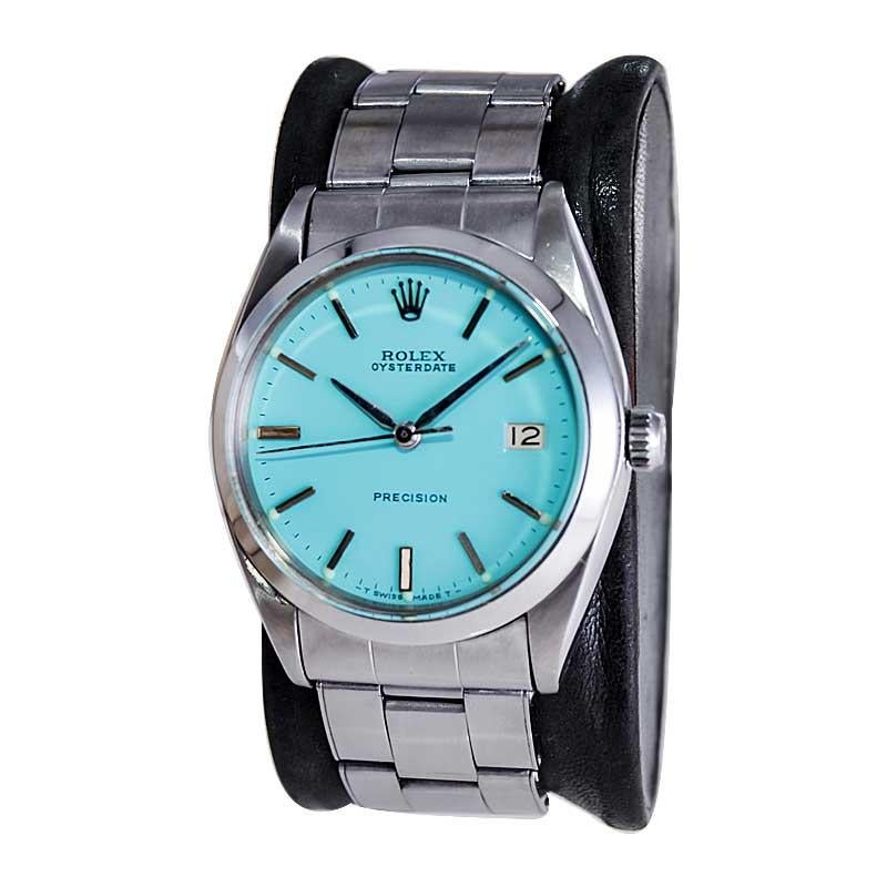 Modernist Rolex Steel Oyster Date with Custom Tiffany Blue Dial from 1957 Factory Bracelet