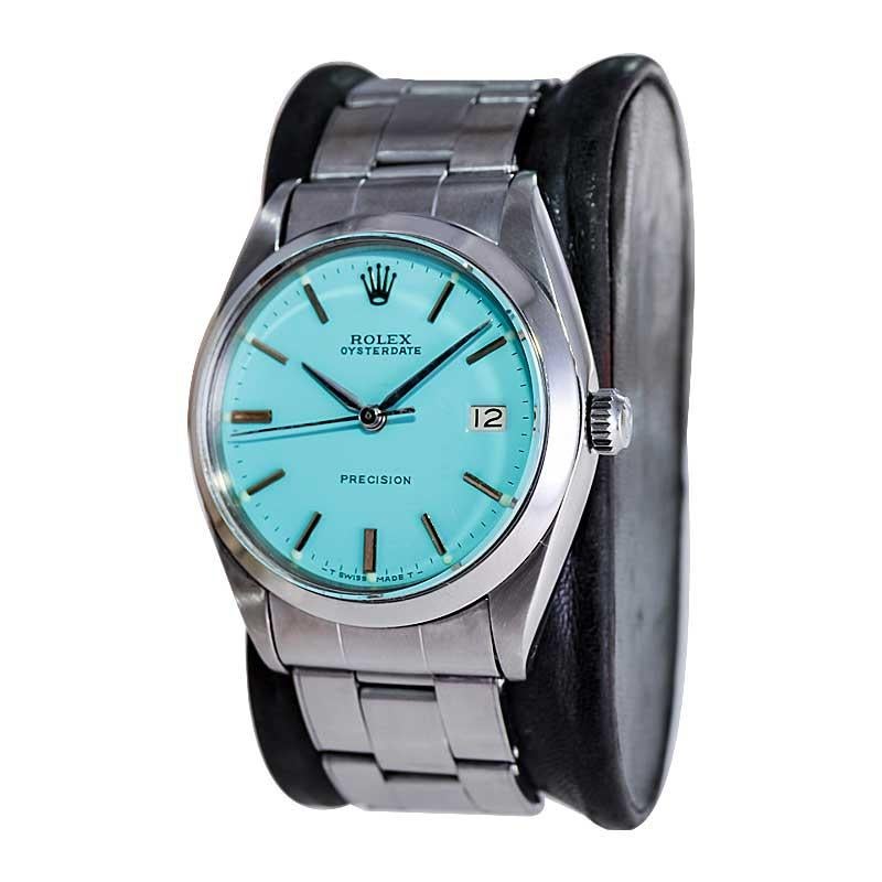 Rolex Steel Oyster Date with Custom Tiffany Blue Dial from 1957 Factory Bracelet In Excellent Condition In Long Beach, CA