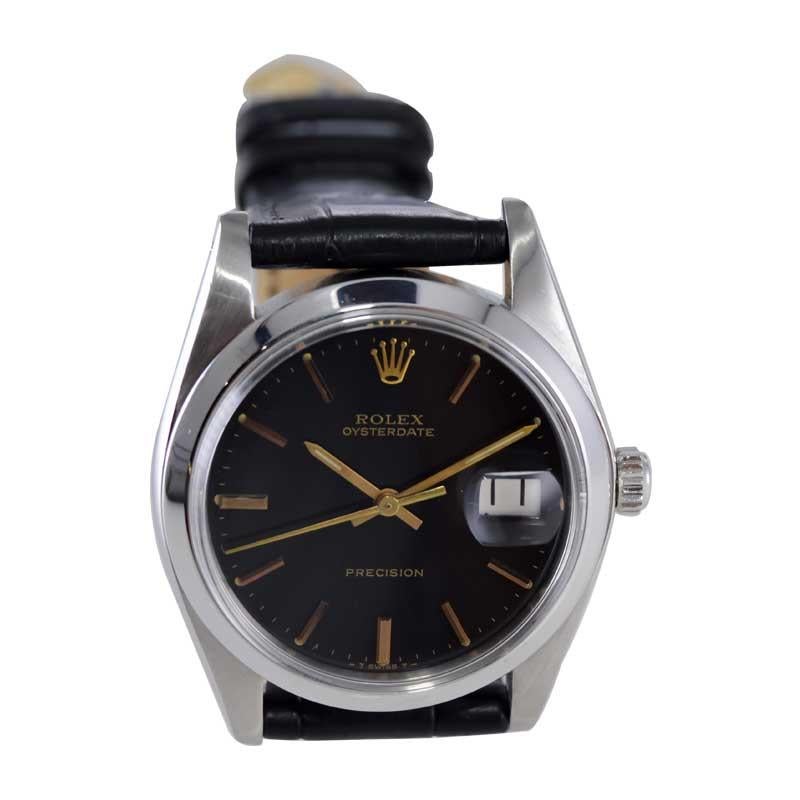 Rolex Steel Oysterdate with Rare Factory Black Dial and Gilt Numbers, 1978 or 79 For Sale 4