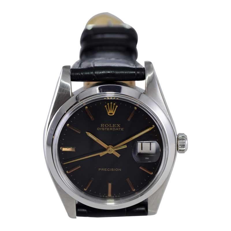 Rolex Steel Oysterdate with Rare Factory Black Dial and Gilt Numbers, 1978 or 79 For Sale 5