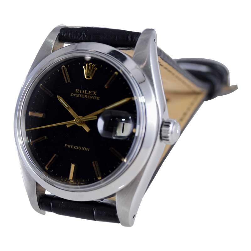 Rolex Steel Oysterdate with Rare Factory Black Dial and Gilt Numbers, 1978 or 79 For Sale 6