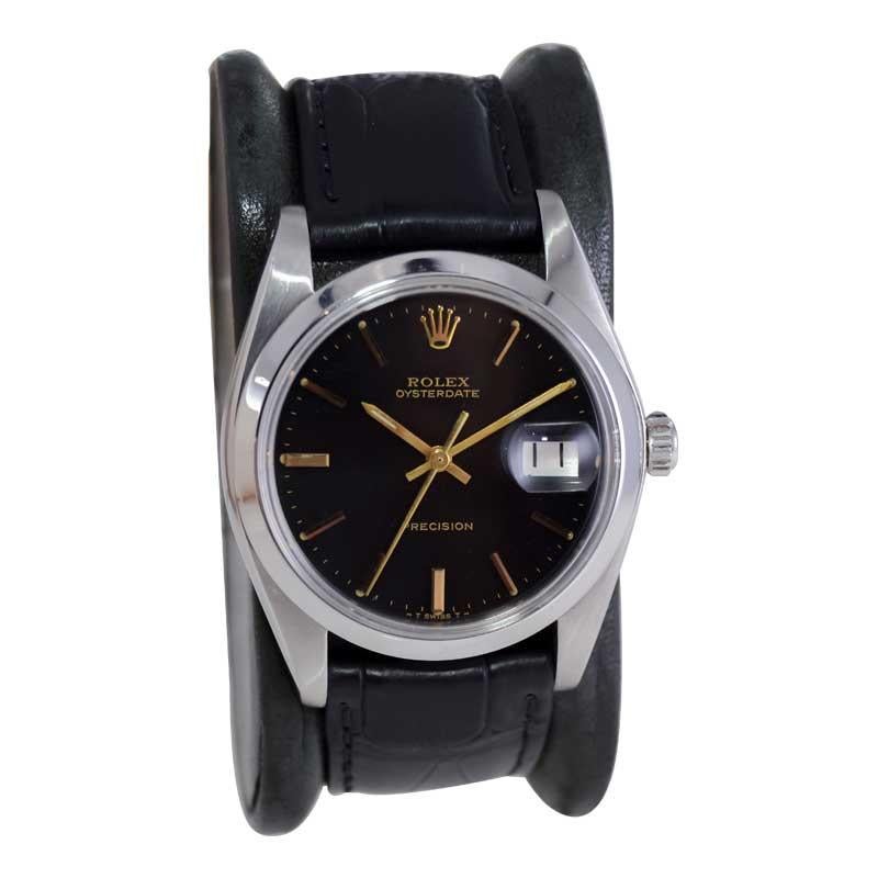 Rolex Steel Oysterdate with Rare Factory Black Dial and Gilt Numbers, 1978 or 79 In Excellent Condition For Sale In Long Beach, CA