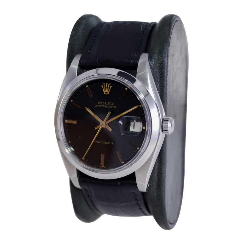 Women's or Men's Rolex Steel Oysterdate with Rare Factory Black Dial and Gilt Numbers, 1978 or 79 For Sale