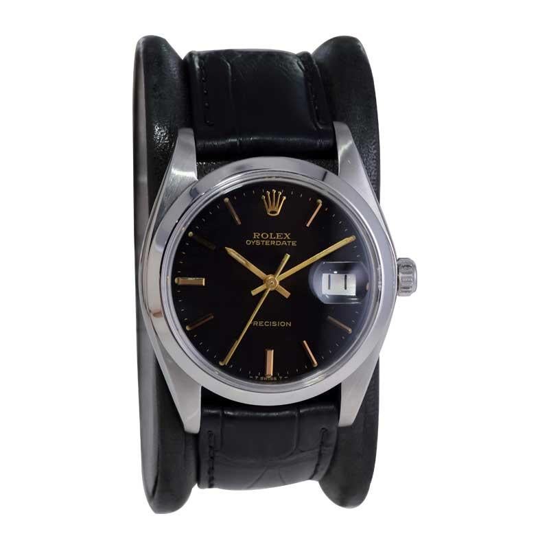 Rolex Steel Oysterdate with Rare Factory Black Dial and Gilt Numbers, 1978 or 79 For Sale 1