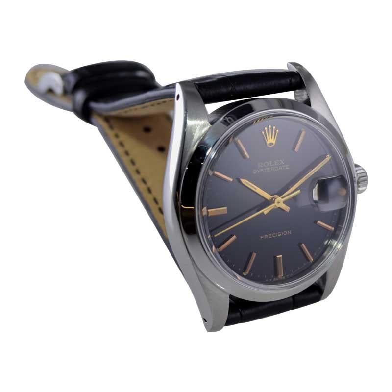 Rolex Steel Oysterdate with Rare Factory Black Dial and Gilt Numbers, 1978 or 79 For Sale 2